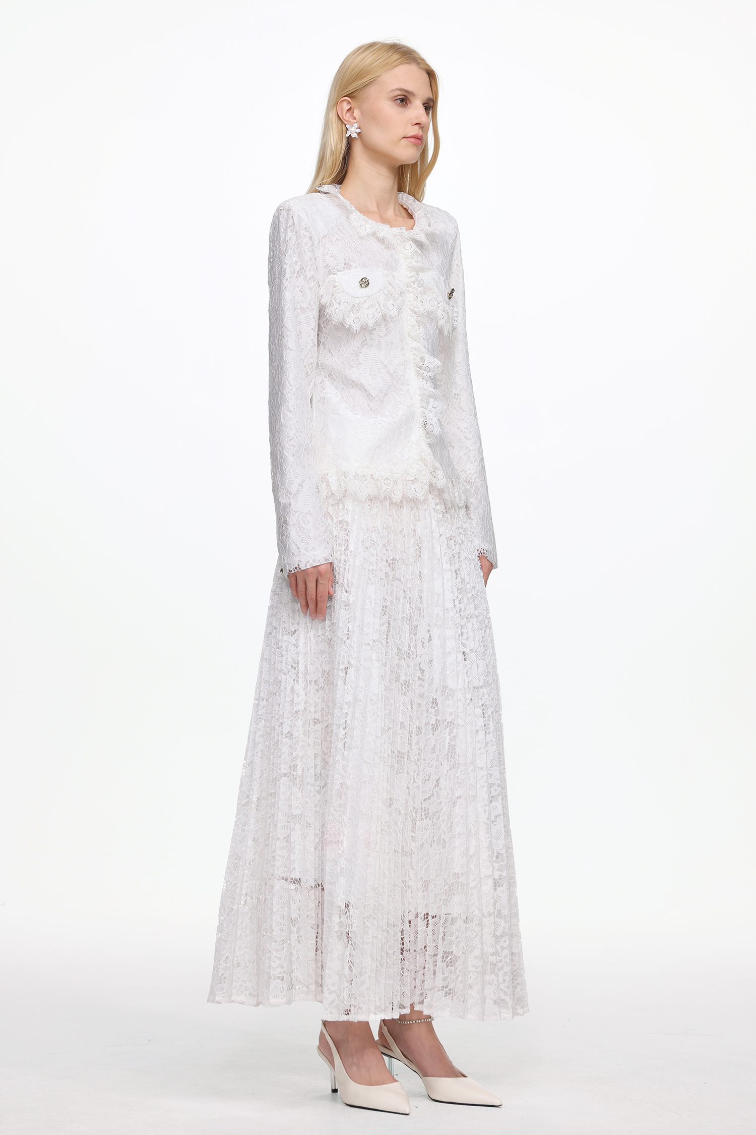 Saga Romantic Tailored Long Sleeve Lace Jacket and Skirt Set