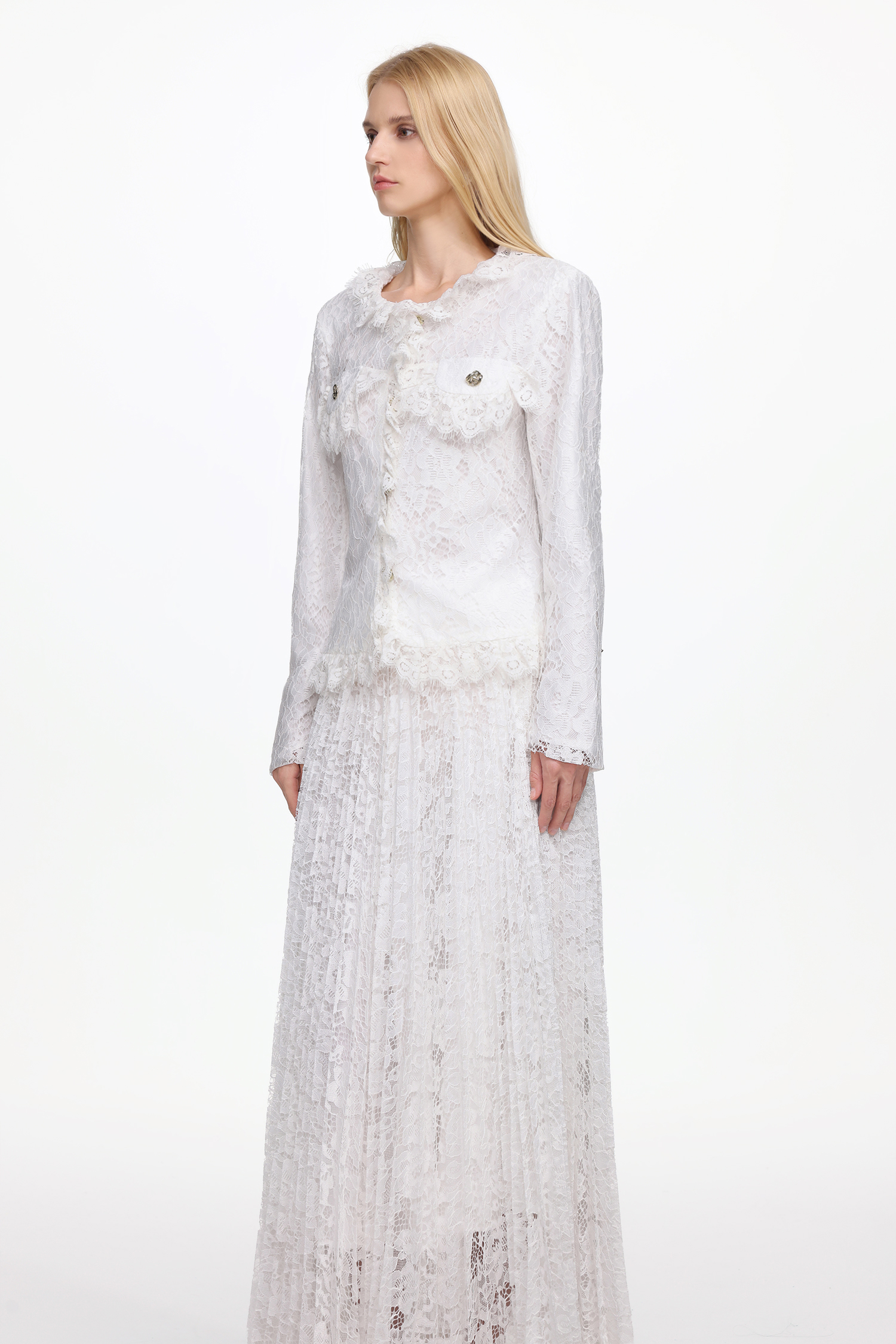 Saga Romantic Tailored Long Sleeve Lace Jacket and Skirt Set