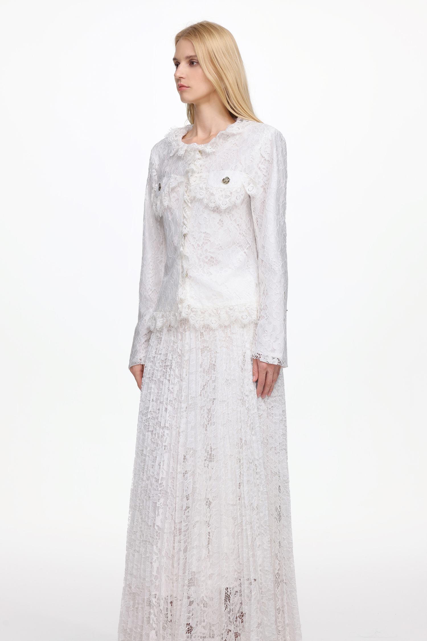 Saga Romantic Tailored Long Sleeve Lace Jacket and Skirt Set