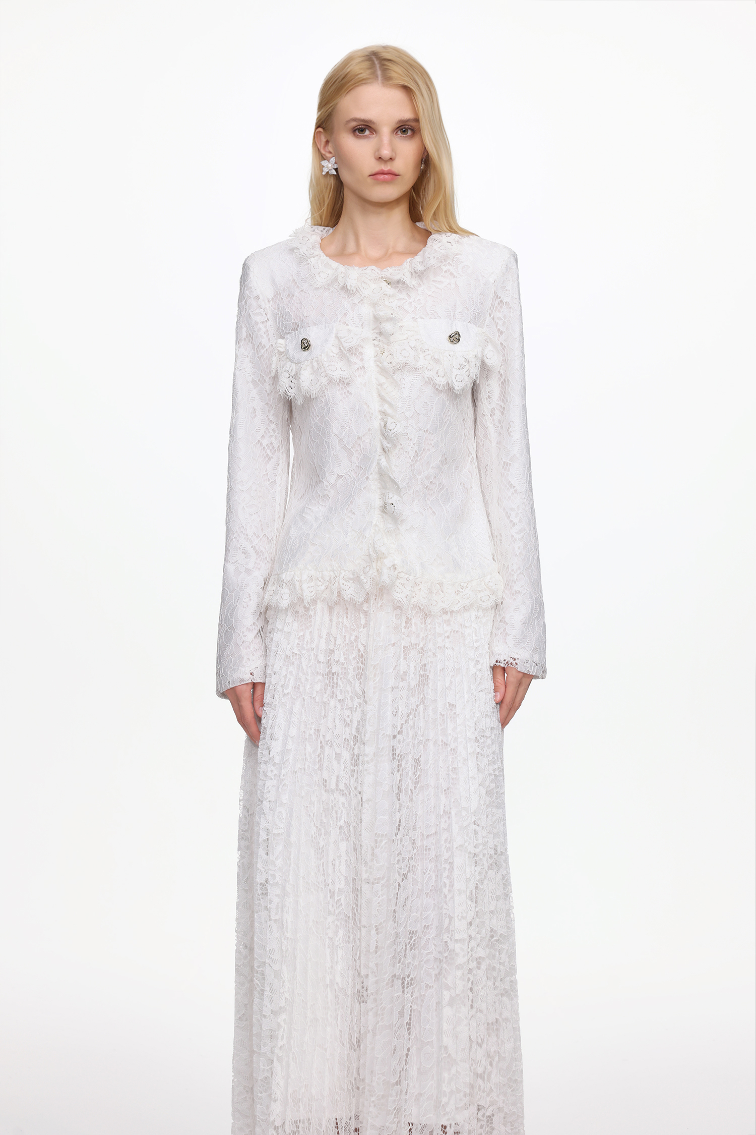 Saga Romantic Tailored Long Sleeve Lace Jacket and Skirt Set