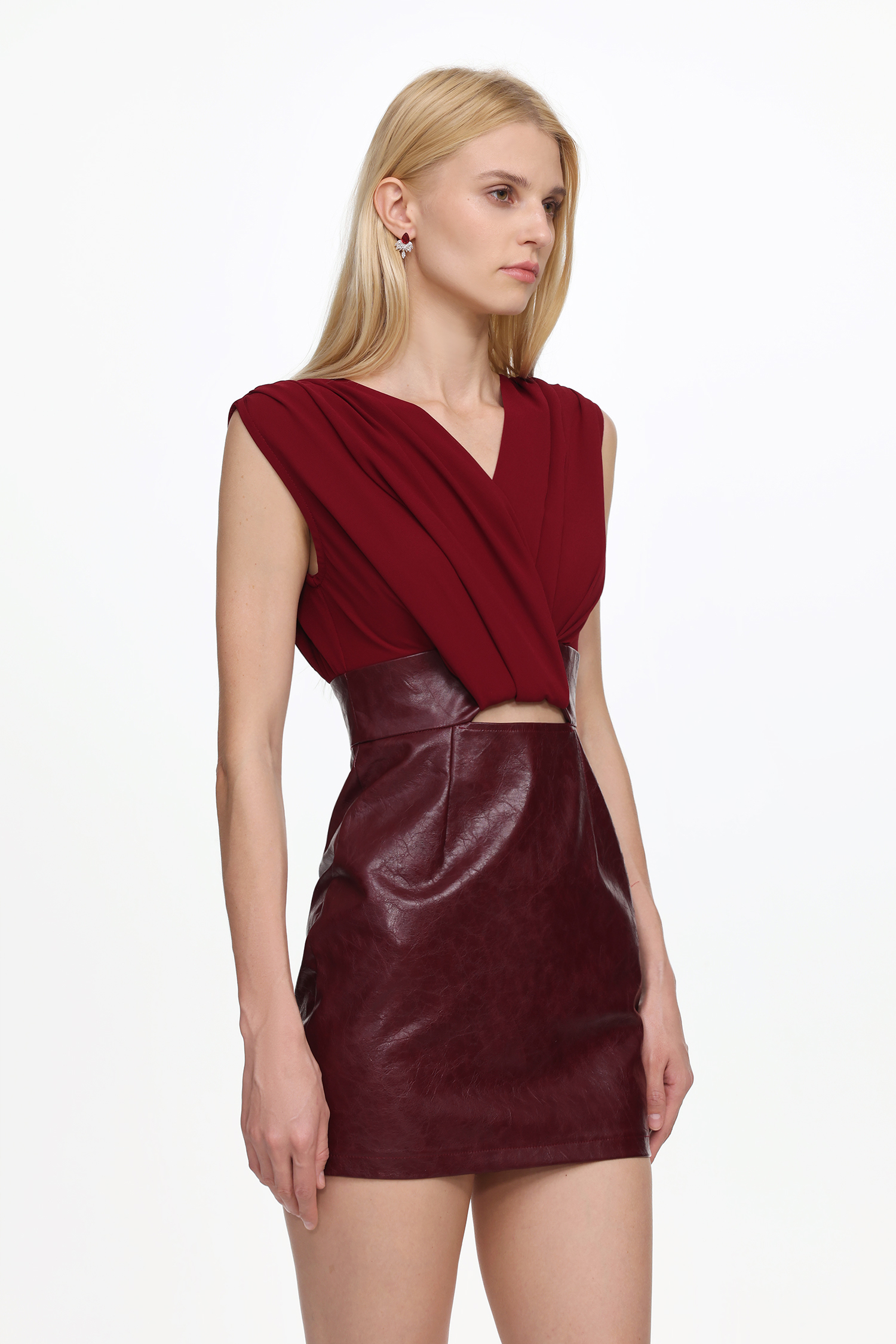 Ferina Chic Tailored V Neck Ruched Faux Leather Mini Dress