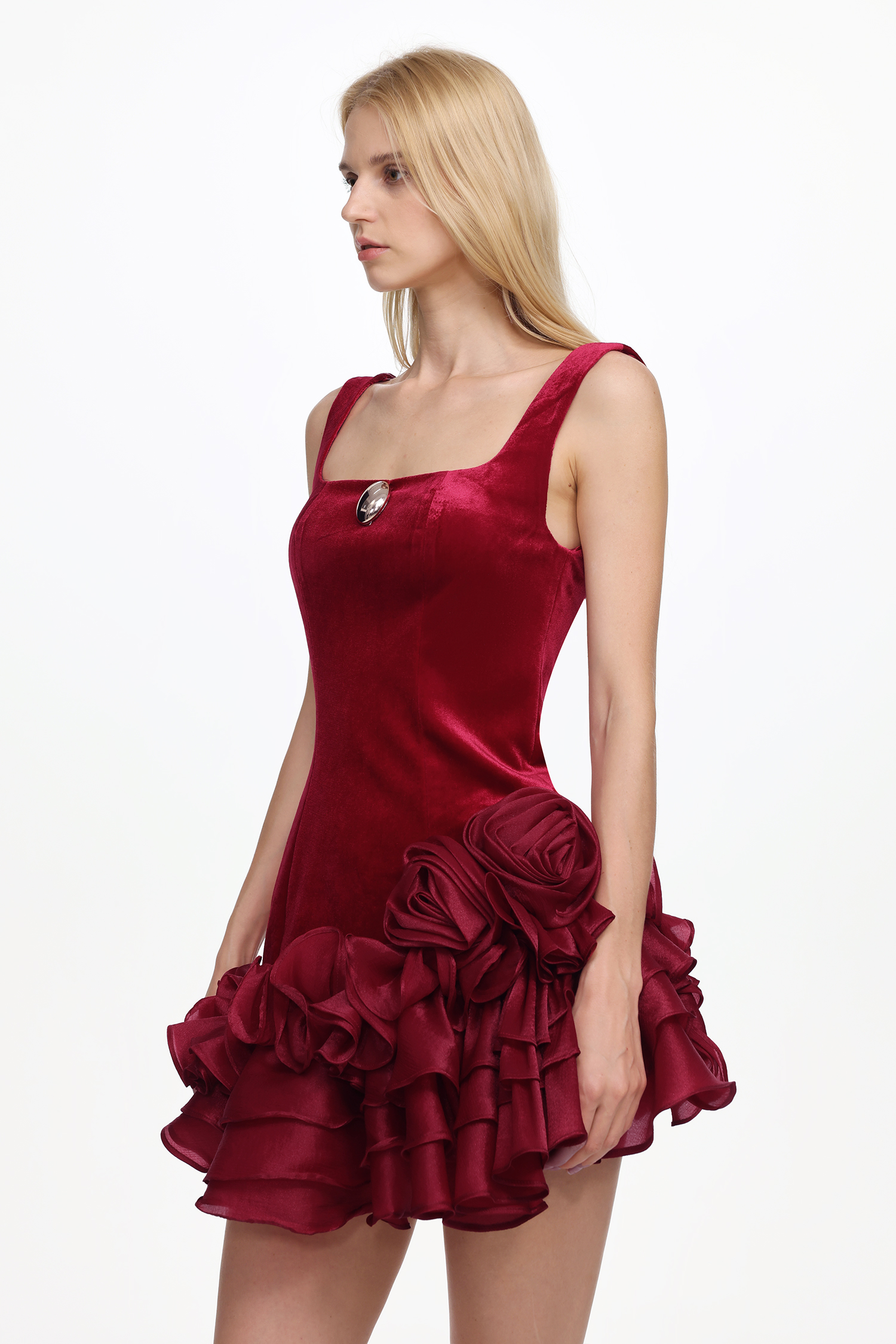 Sofia Romantic Contour Sleeveless Ruffle Floral Velvet Mini Dress