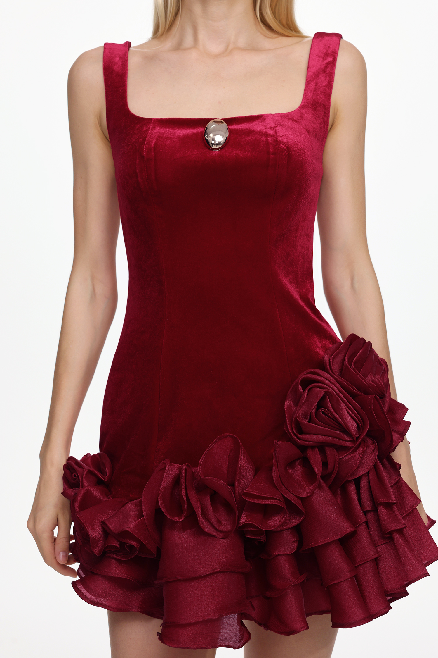 Sofia Romantic Contour Sleeveless Ruffle Floral Velvet Mini Dress