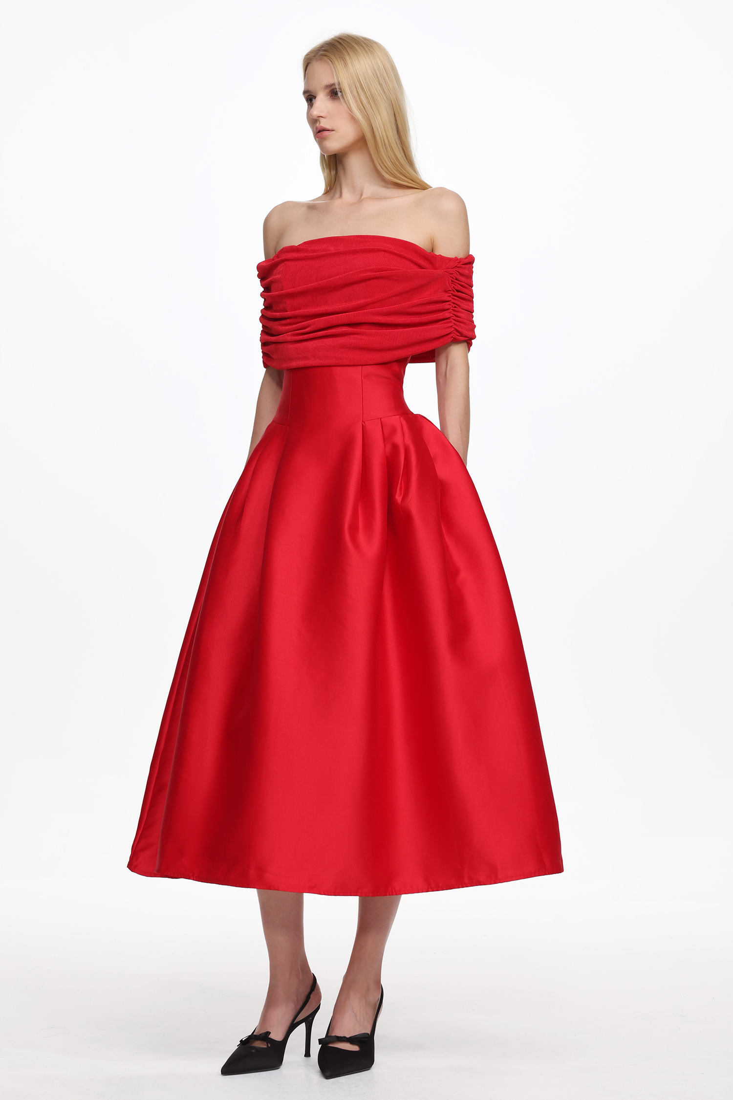 Lape Romantic Tailored Off Shoulder Ruched Maxi Dress