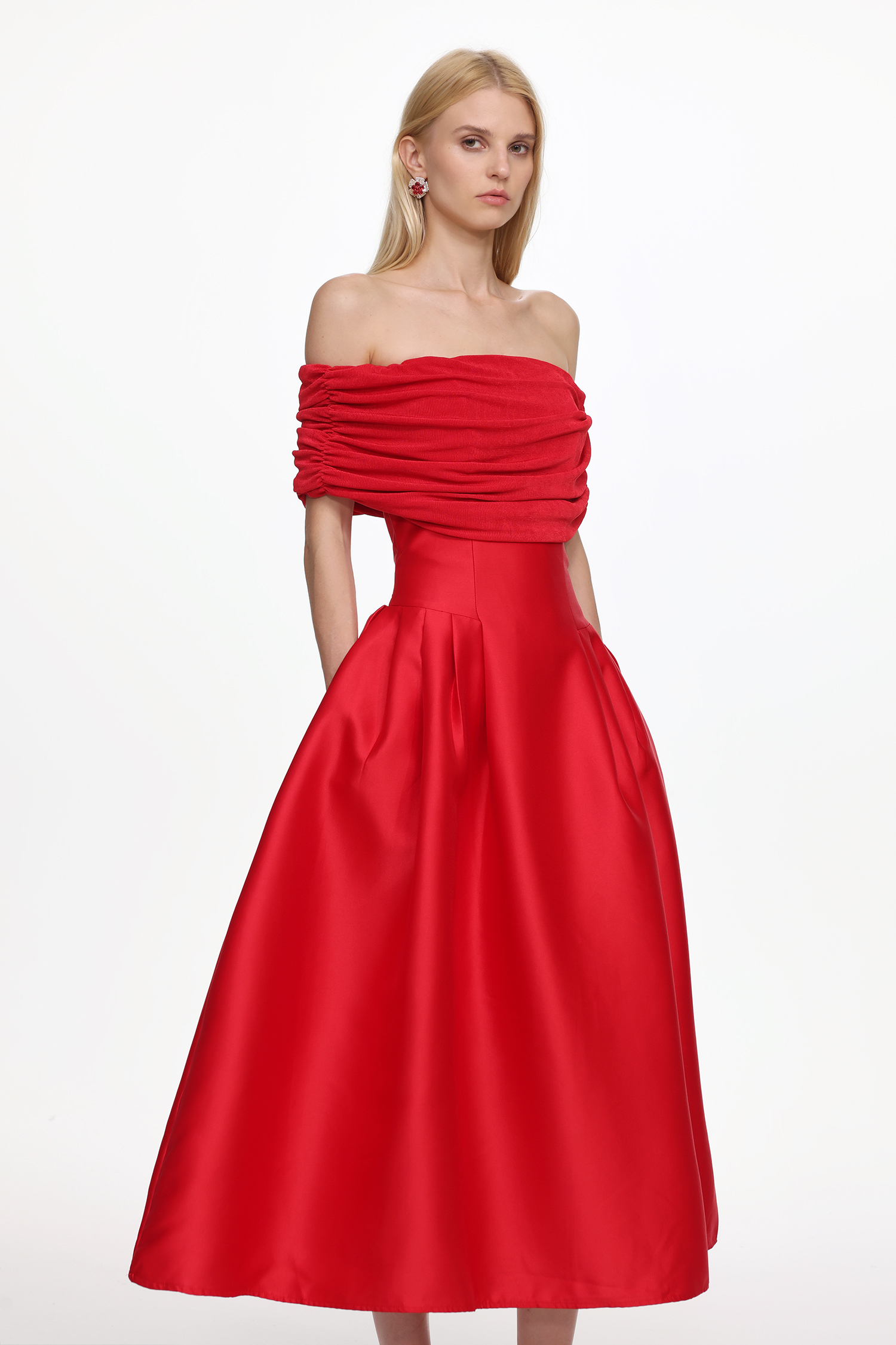 Lape Romantic Tailored Off Shoulder Ruched Maxi Dress