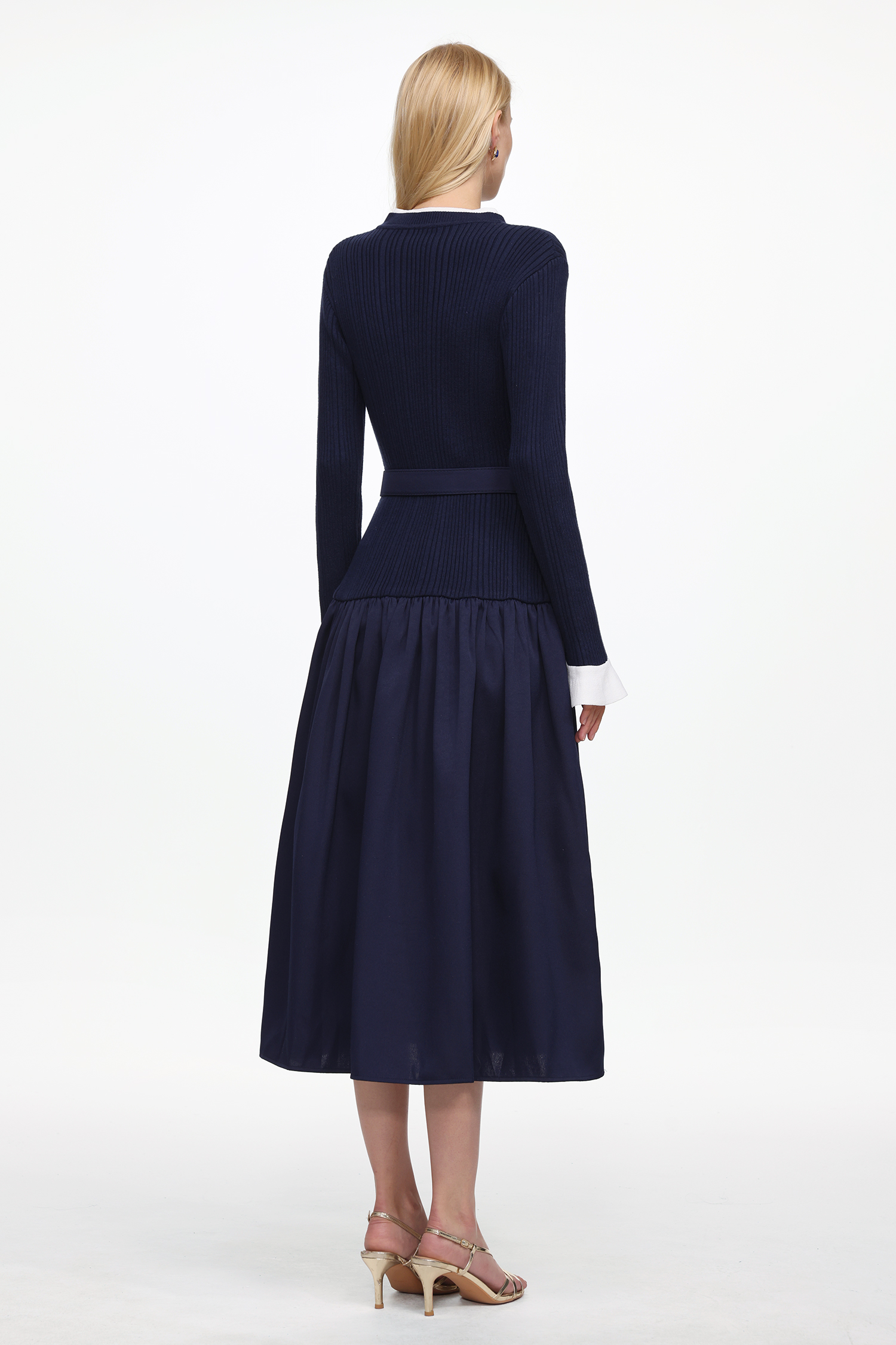 Edan Elegant Contour Long Sleeve Navy Knit Maxi Dress