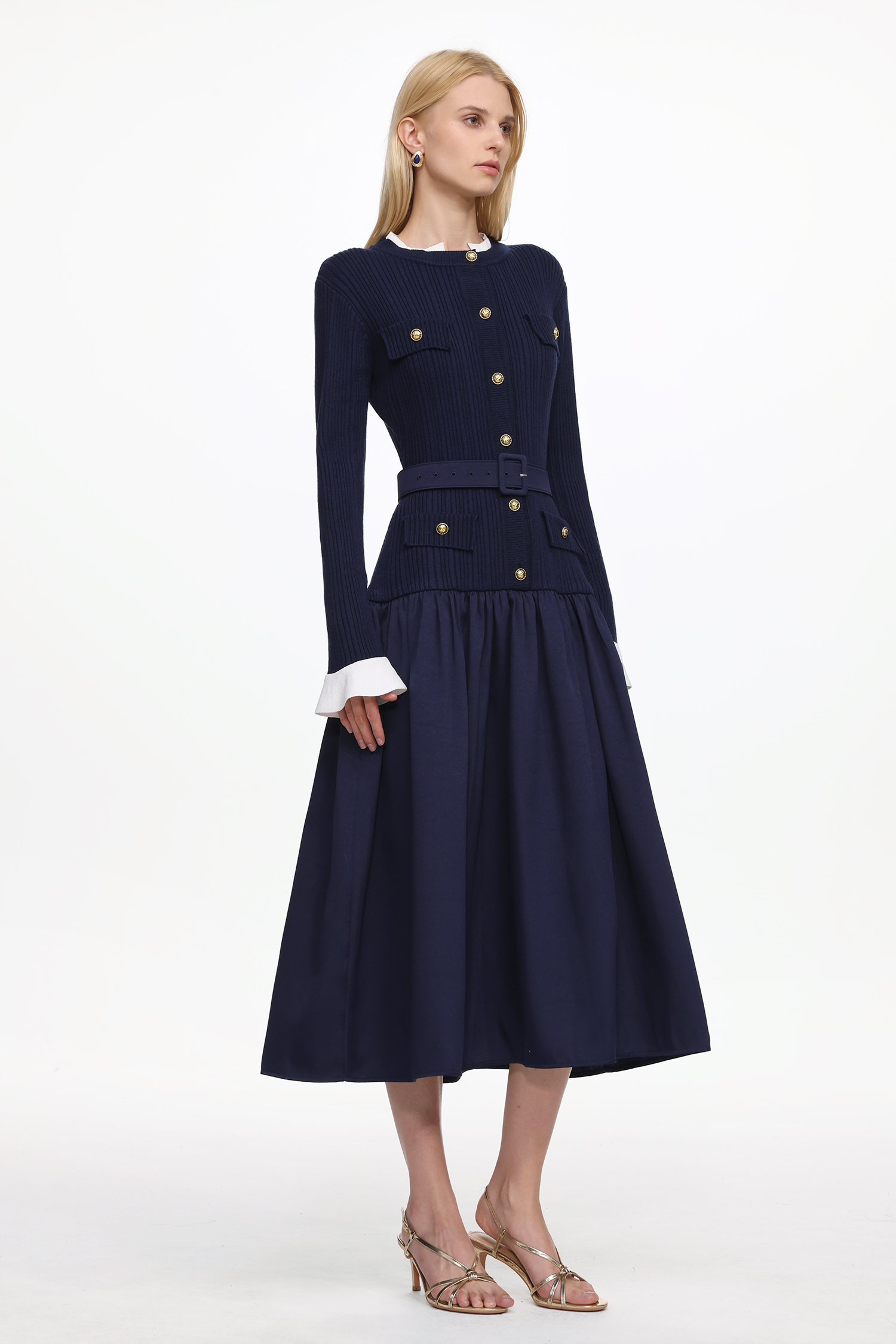 Edan Elegant Contour Long Sleeve Navy Knit Maxi Dress
