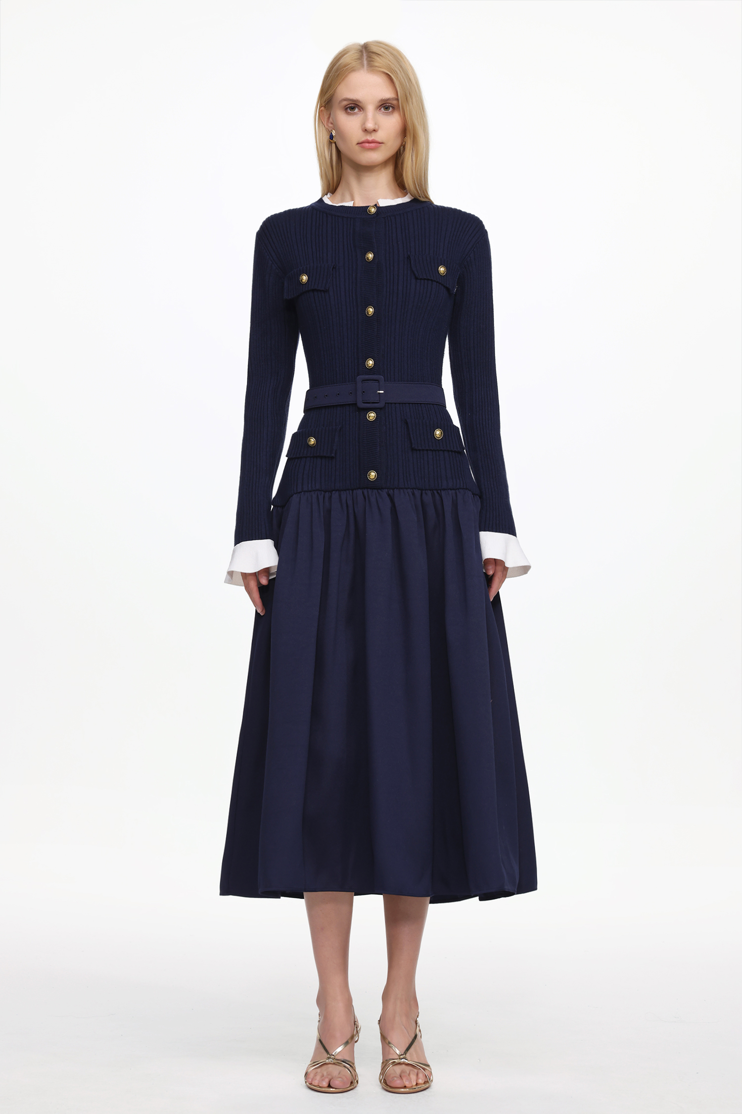Edan Elegant Contour Long Sleeve Navy Knit Maxi Dress