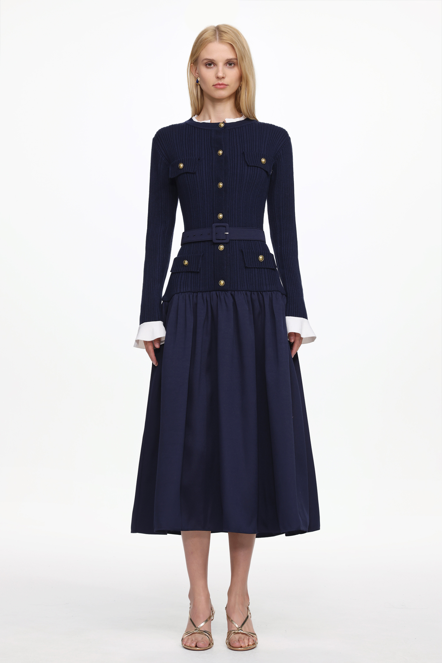 Edan Elegant Contour Long Sleeve Navy Knit Maxi Dress