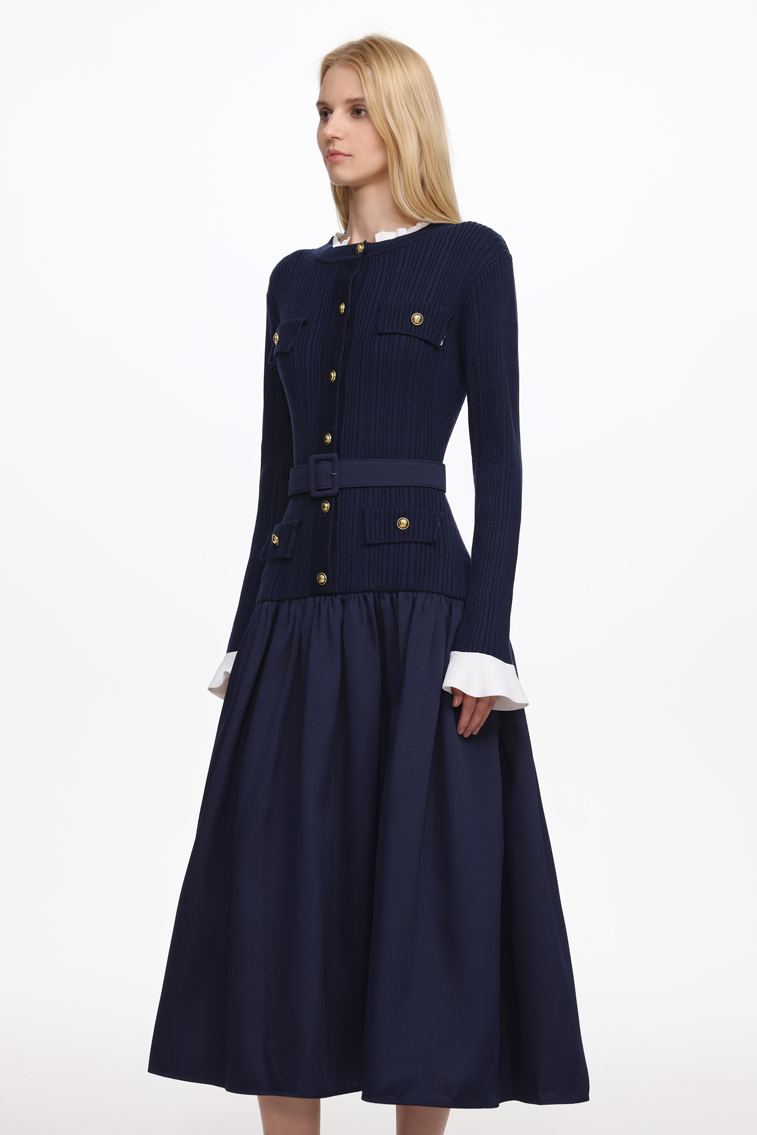 Edan Elegant Contour Long Sleeve Navy Knit Maxi Dress