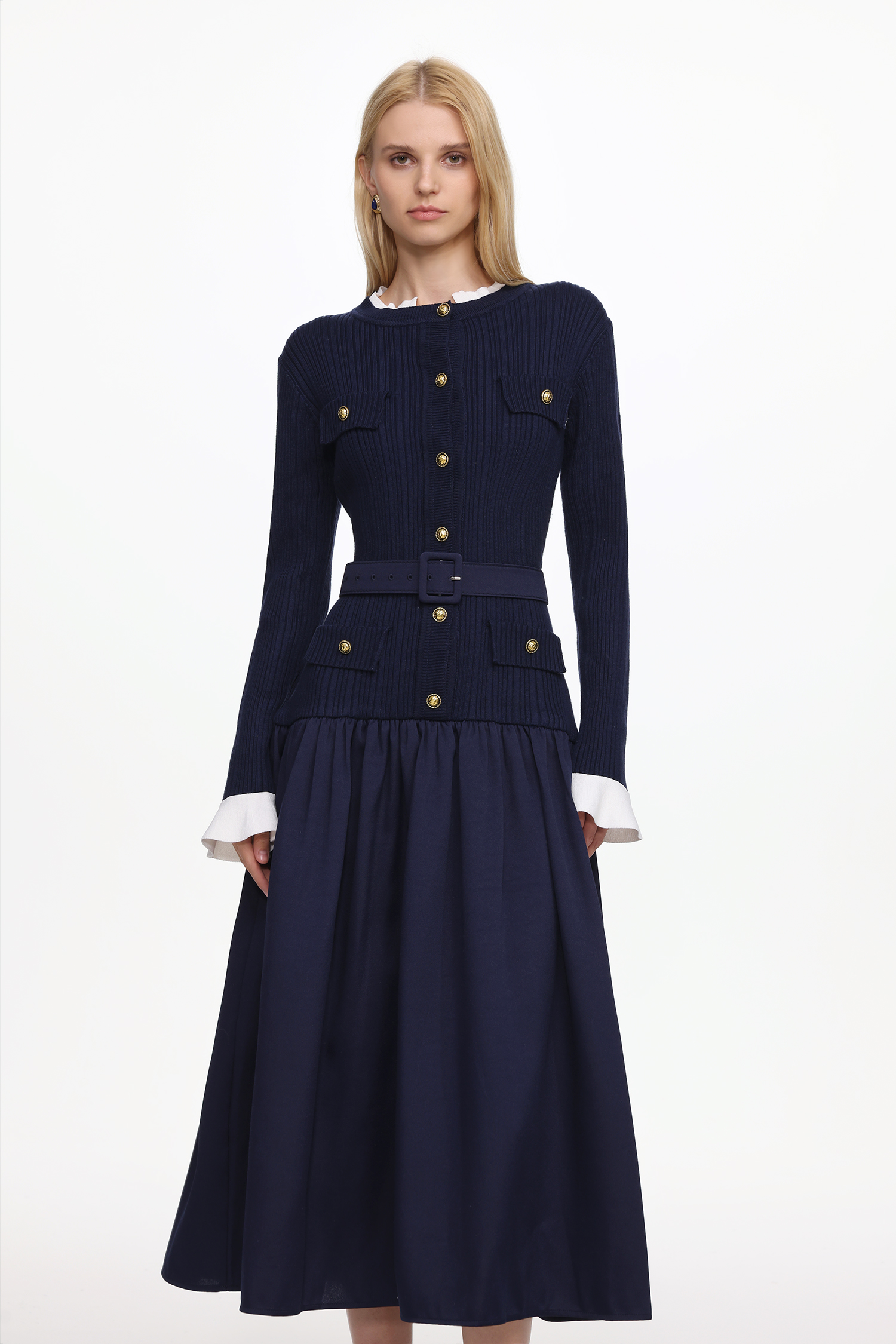 Edan Elegant Contour Long Sleeve Navy Knit Maxi Dress