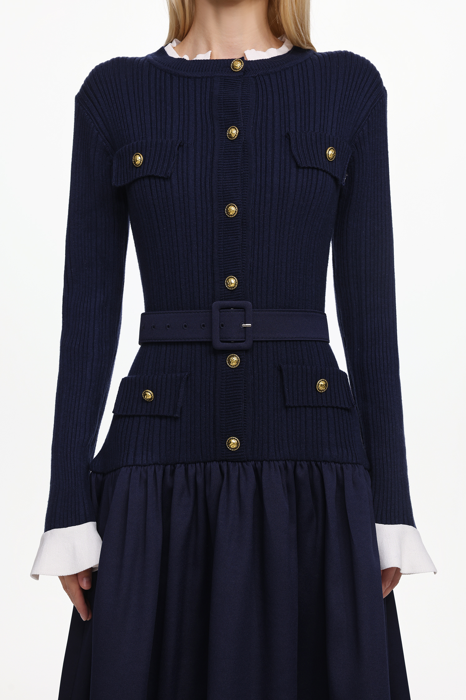 Edan Elegant Contour Long Sleeve Navy Knit Maxi Dress