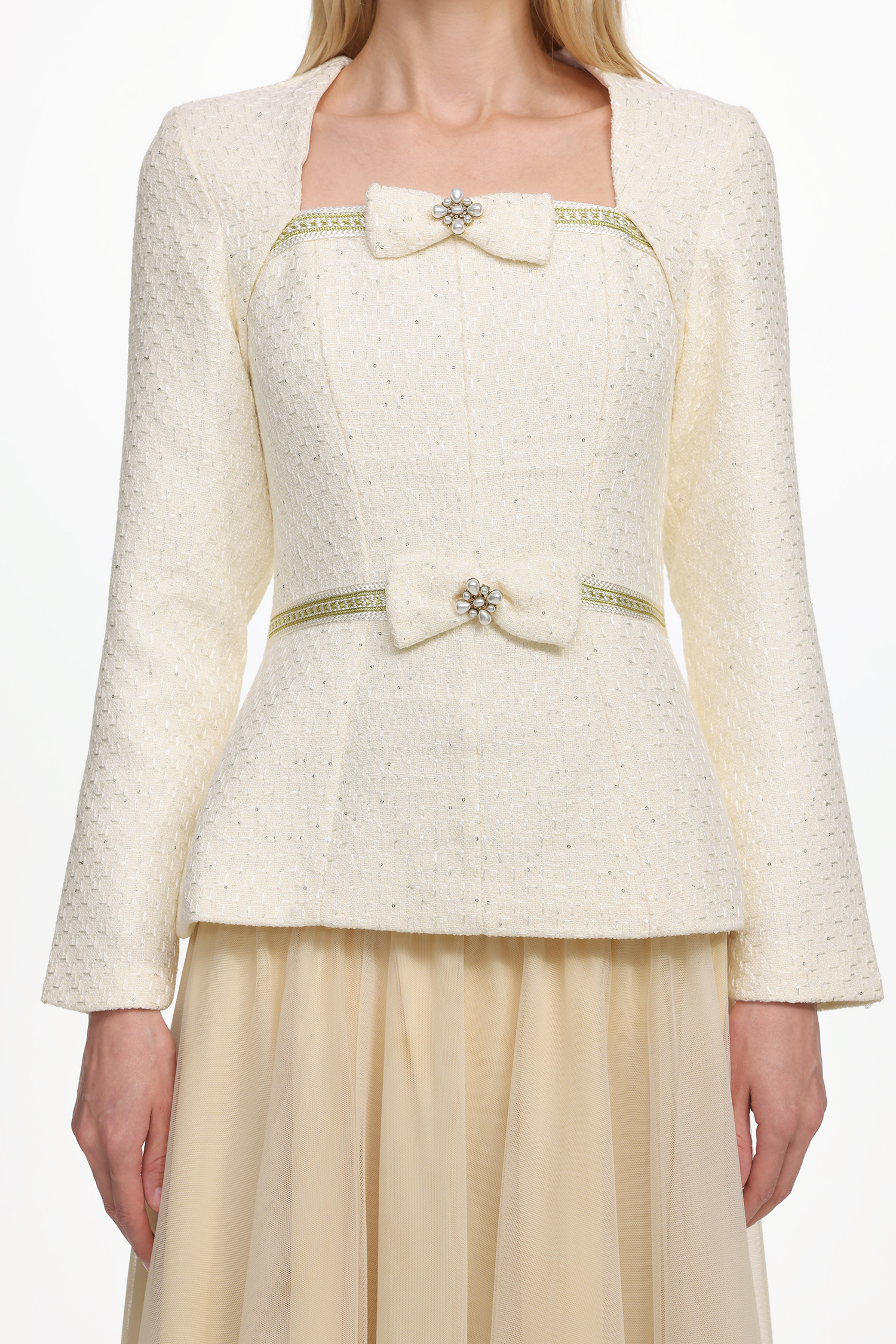Solvia Elegant Tailored Long Sleeve Bow Tweed Top and Tulle Skirt Set