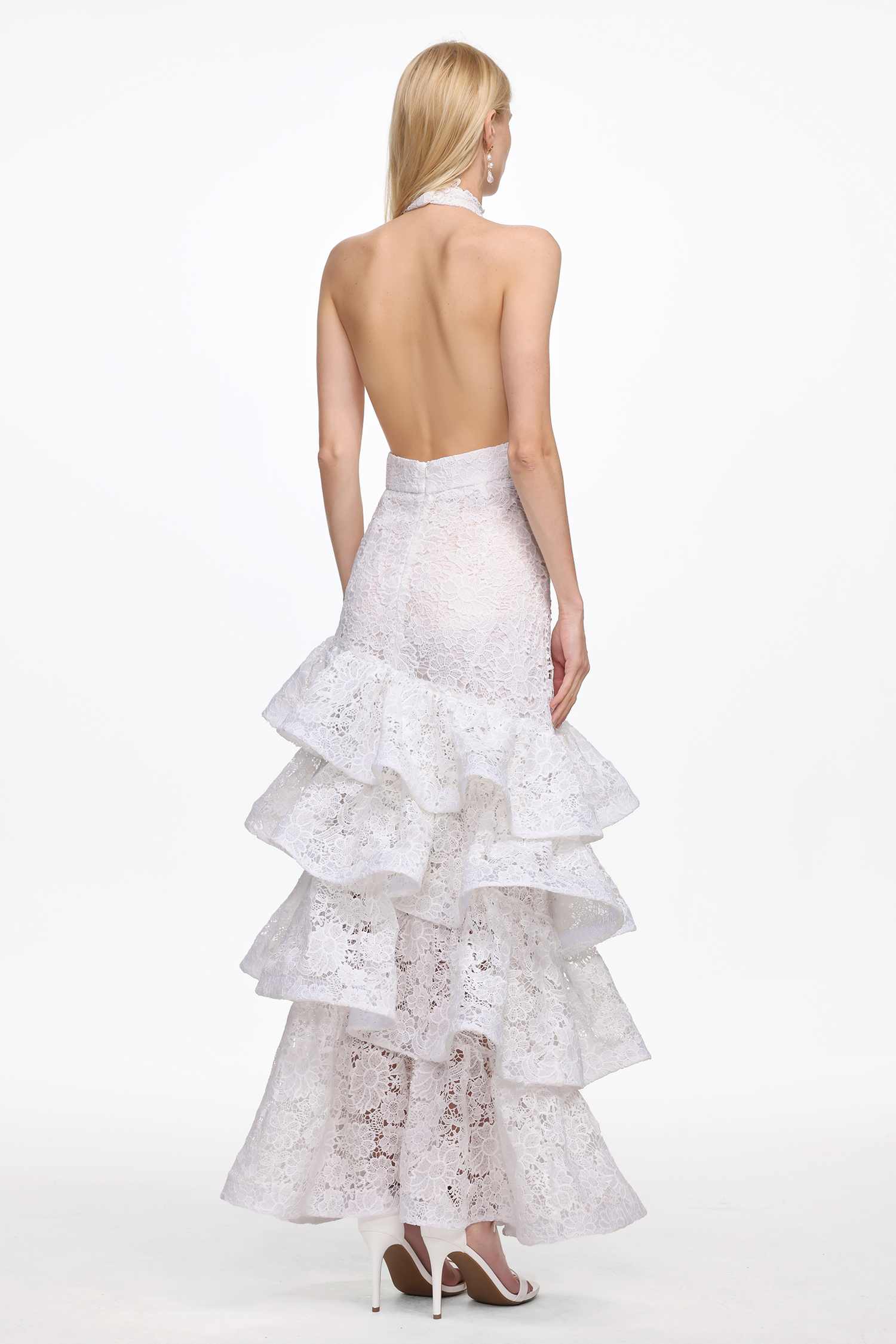 Kaliana Romantic Tailored V Neck Halter Ruffle Floral Lace Maxi Dress