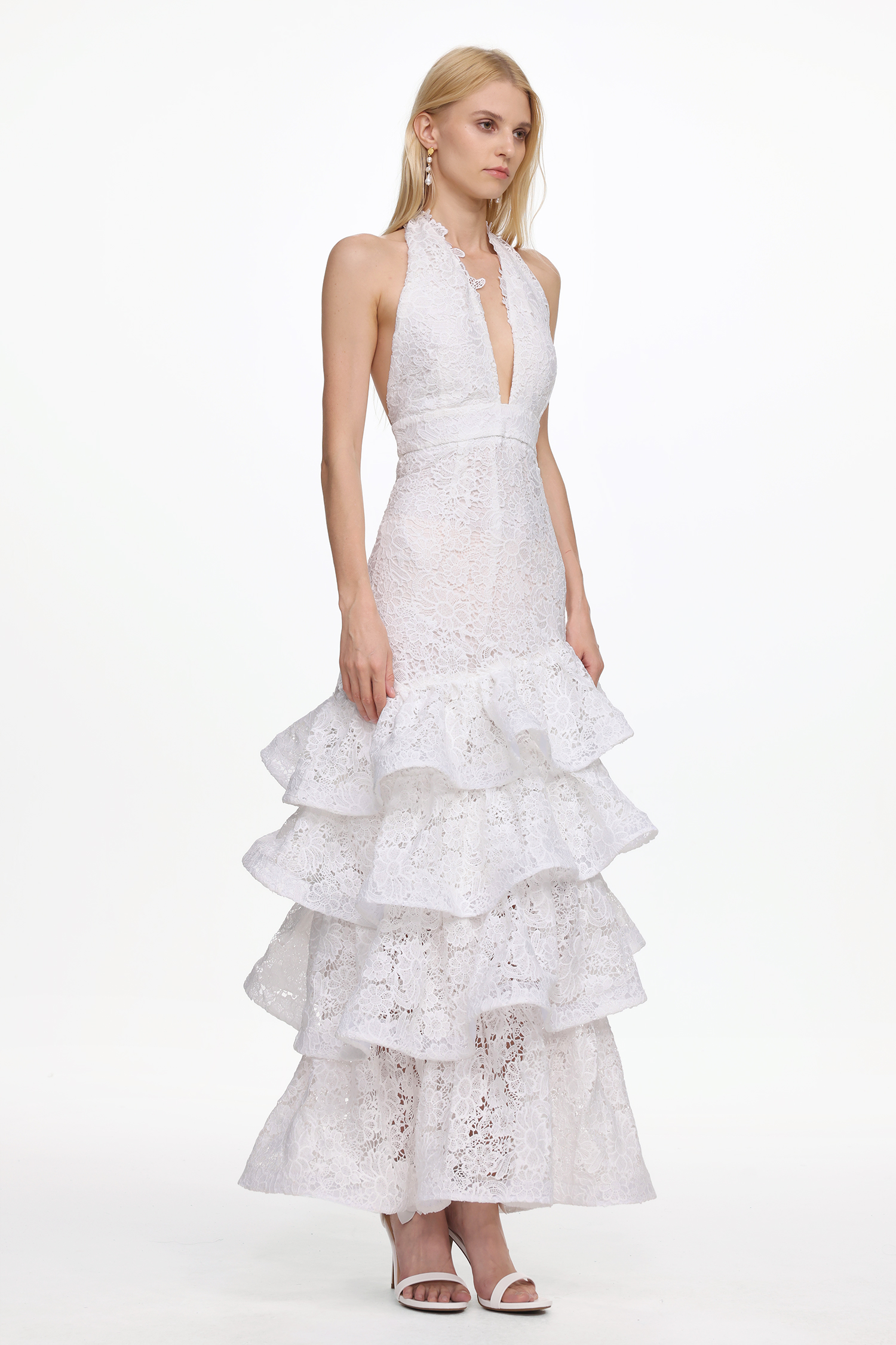 Kaliana Romantic Tailored V Neck Halter Ruffle Floral Lace Maxi Dress