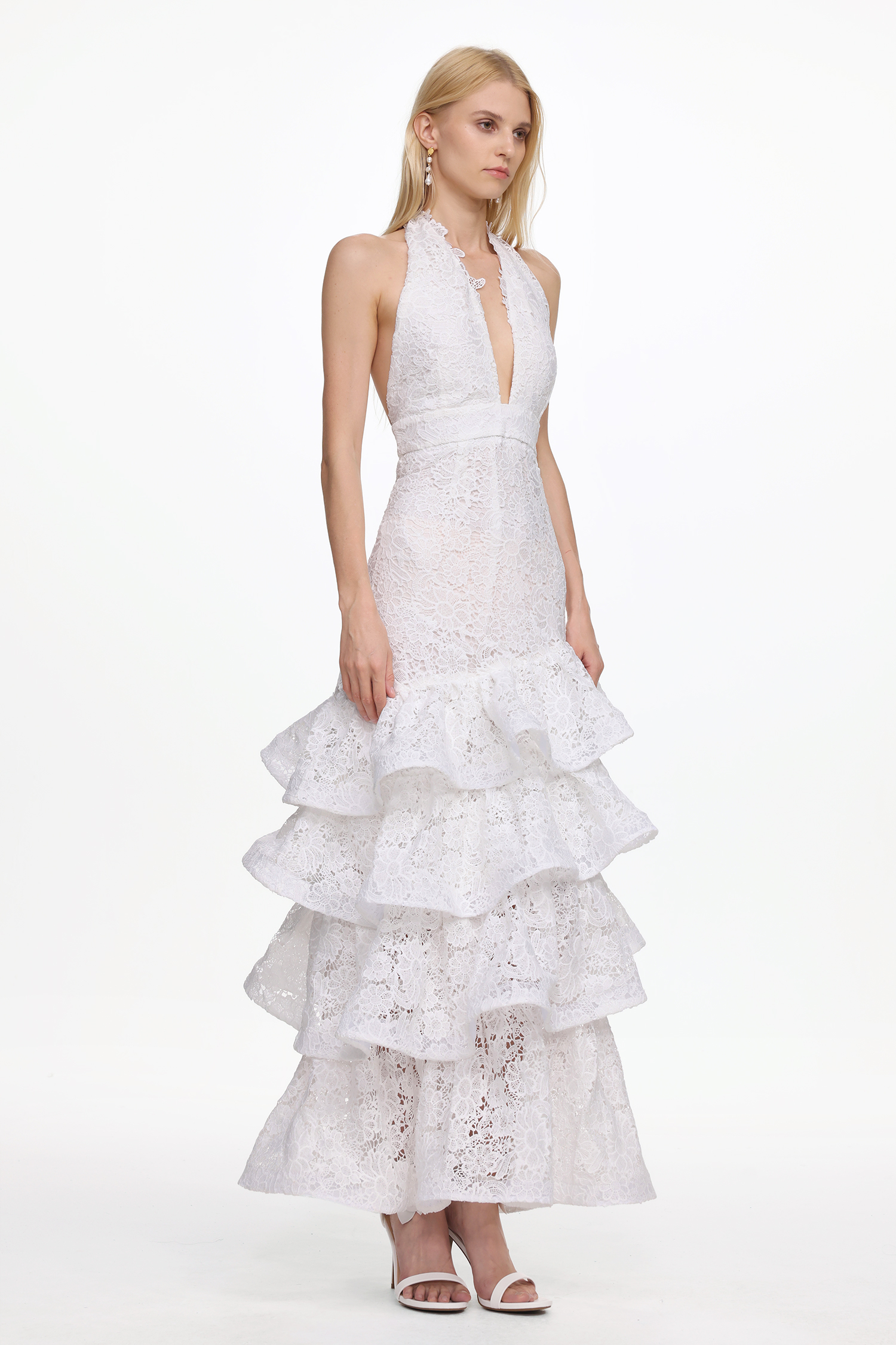 Kaliana Romantic Tailored V Neck Halter Ruffle Floral Lace Maxi Dress