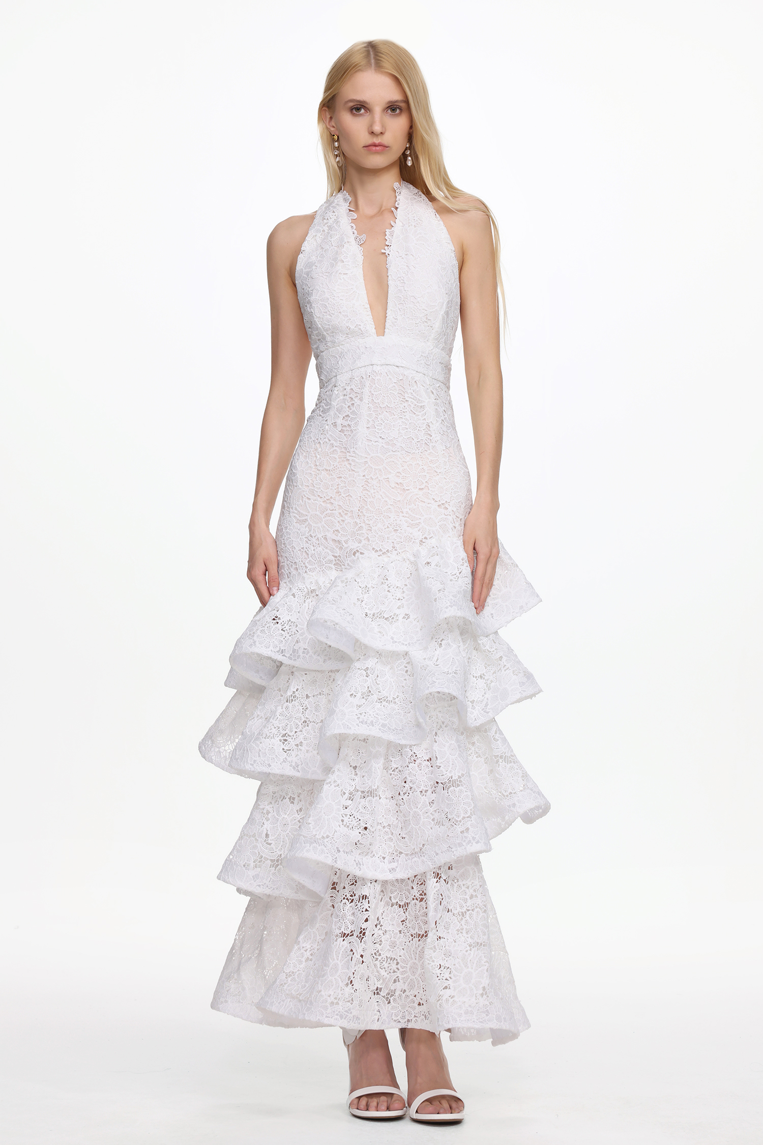 Kaliana Romantic Tailored V Neck Halter Ruffle Floral Lace Maxi Dress