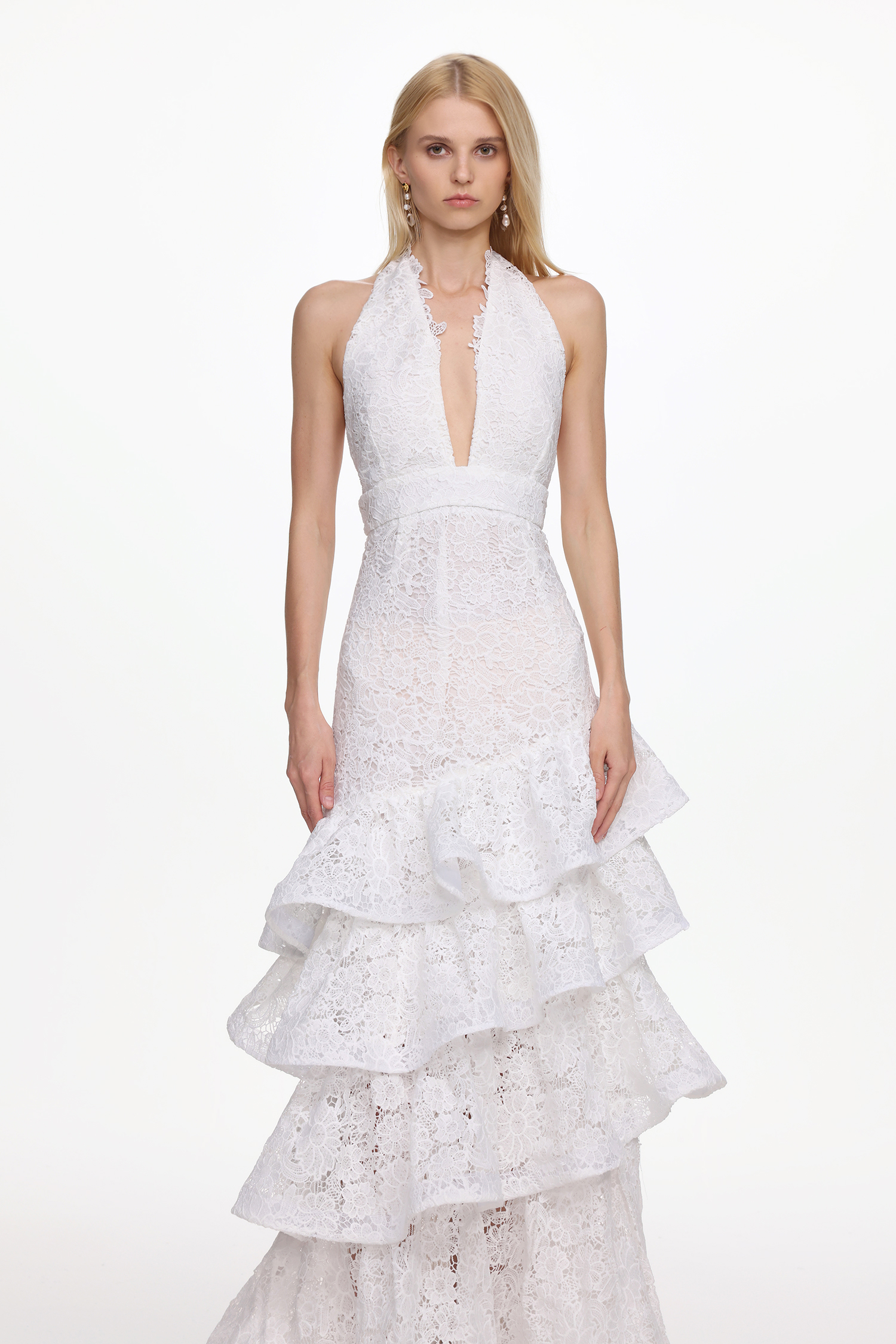 Kaliana Romantic Tailored V Neck Halter Ruffle Floral Lace Maxi Dress