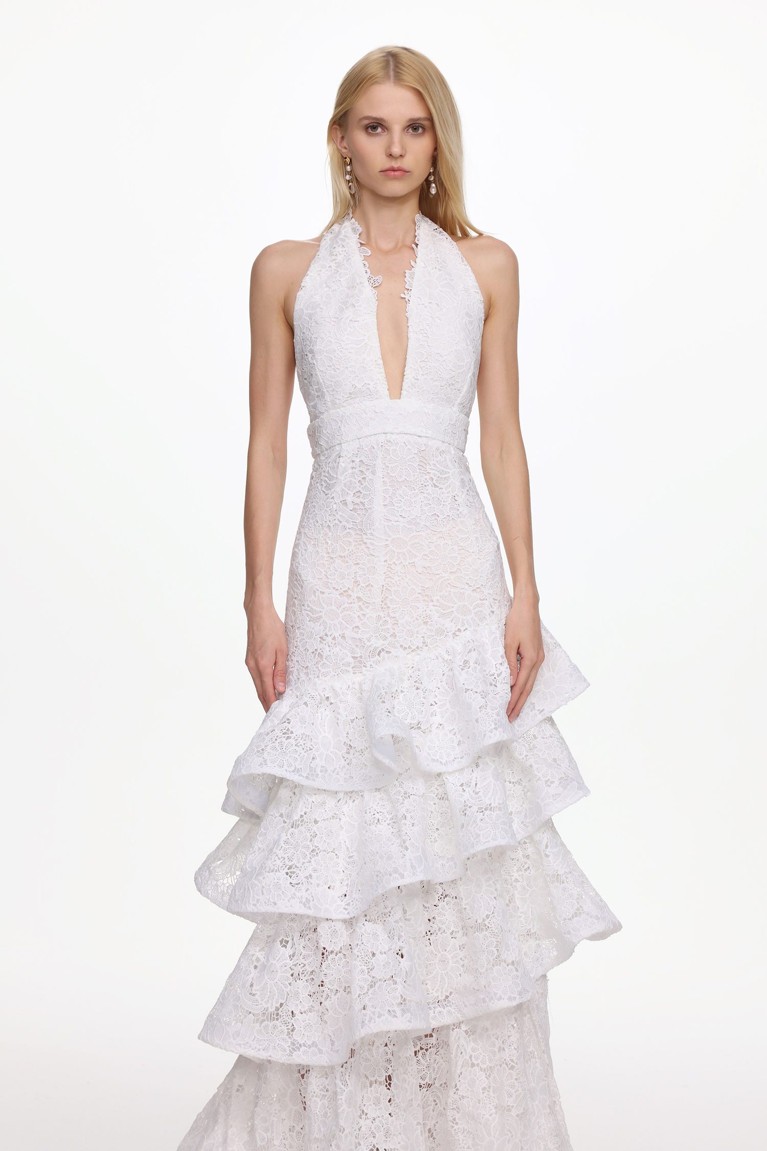 Kaliana Romantic Tailored V Neck Halter Ruffle Floral Lace Maxi Dress