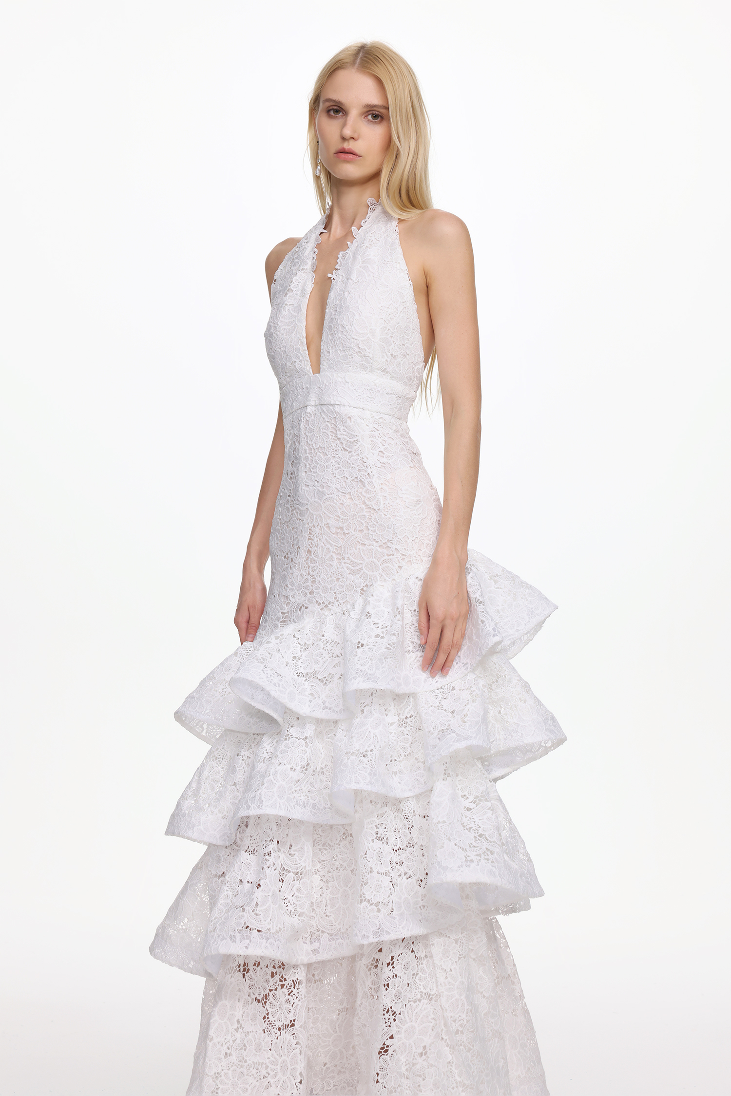 Kaliana Romantic Tailored V Neck Halter Ruffle Floral Lace Maxi Dress