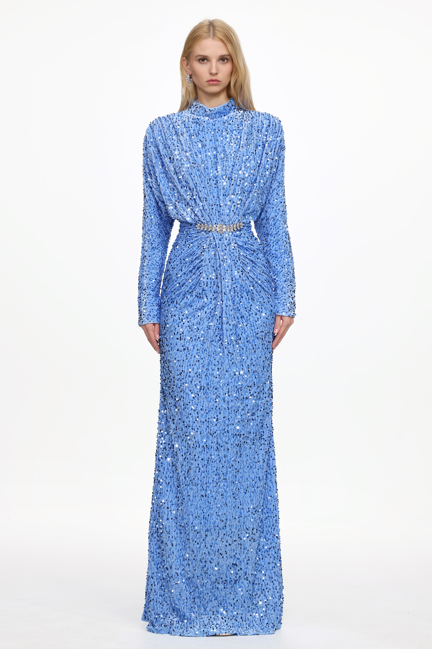Winey Glamorous Contour Long Sleeve Ruched Sequin Velvet Maxi Dress