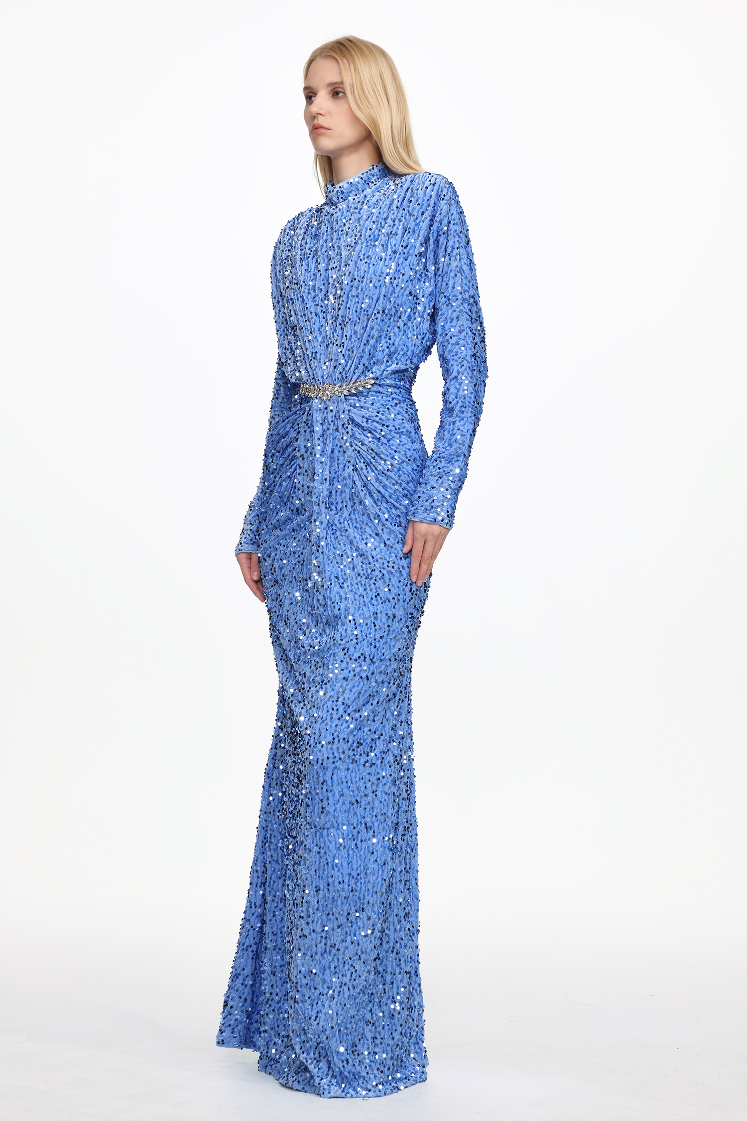 Winey Glamorous Contour Long Sleeve Ruched Sequin Velvet Maxi Dress