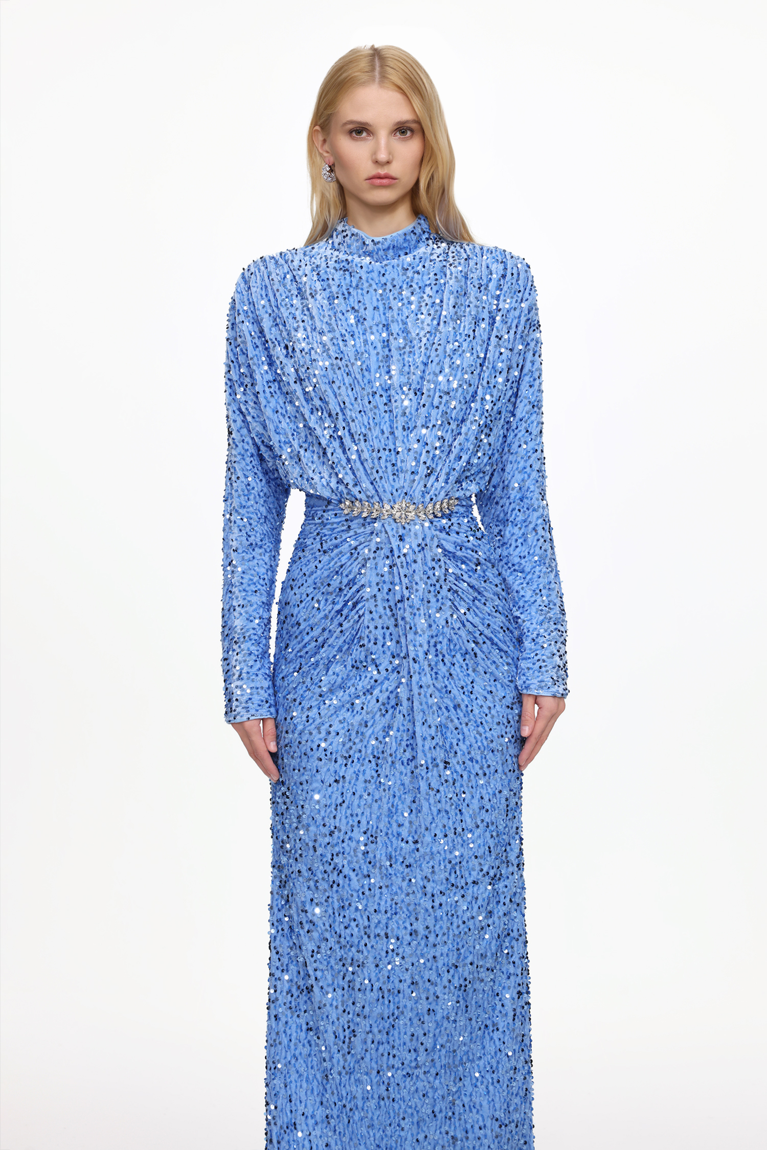 Winey Glamorous Contour Long Sleeve Ruched Sequin Velvet Maxi Dress