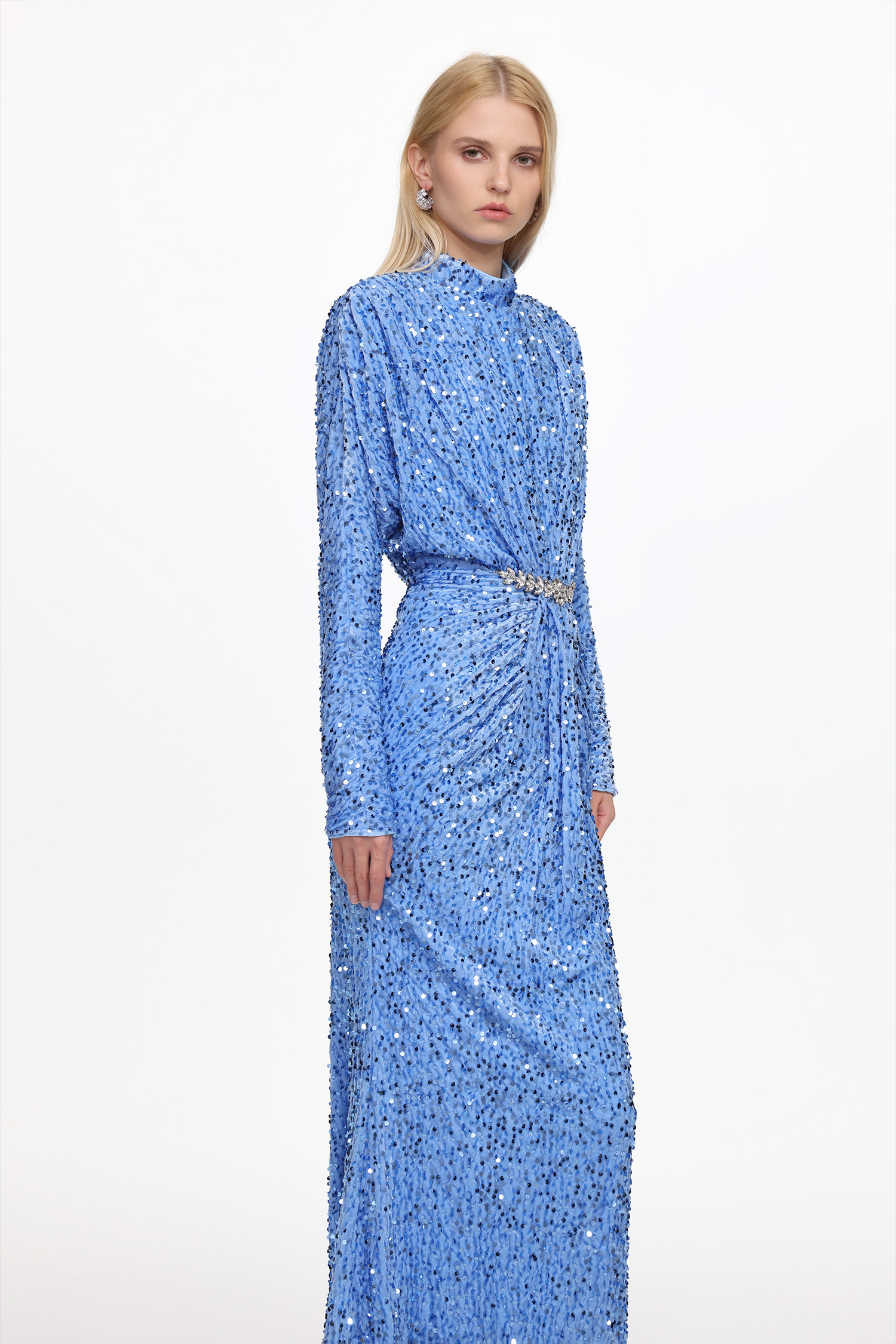 Winey Glamorous Contour Long Sleeve Ruched Sequin Velvet Maxi Dress