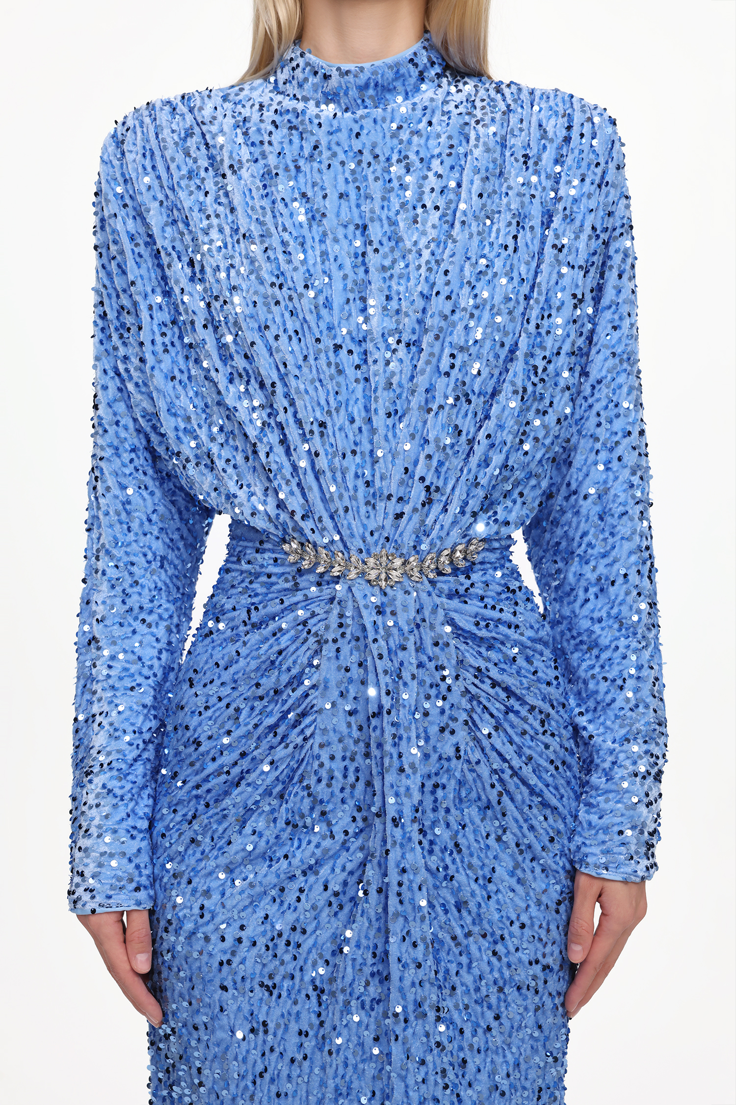 Winey Glamorous Contour Long Sleeve Ruched Sequin Velvet Maxi Dress