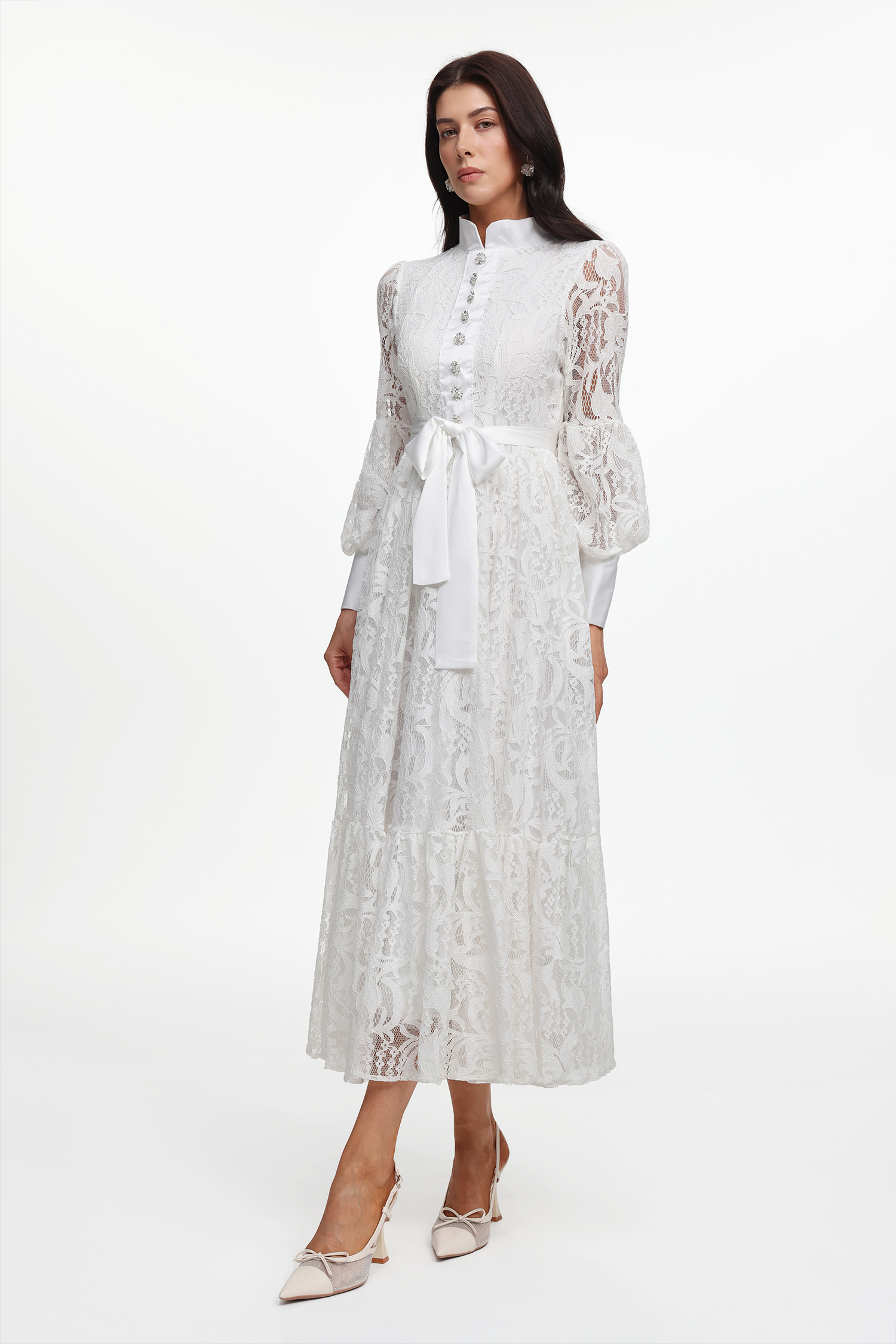 Mindi Resort Flowy Long Sleeve Lace Woven Maxi Dress