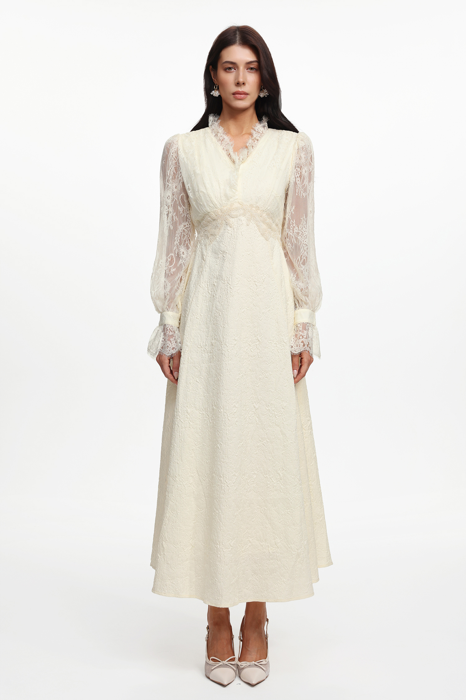 Verna Resort Flowy Long Sleeve Lace Woven Maxi Dress