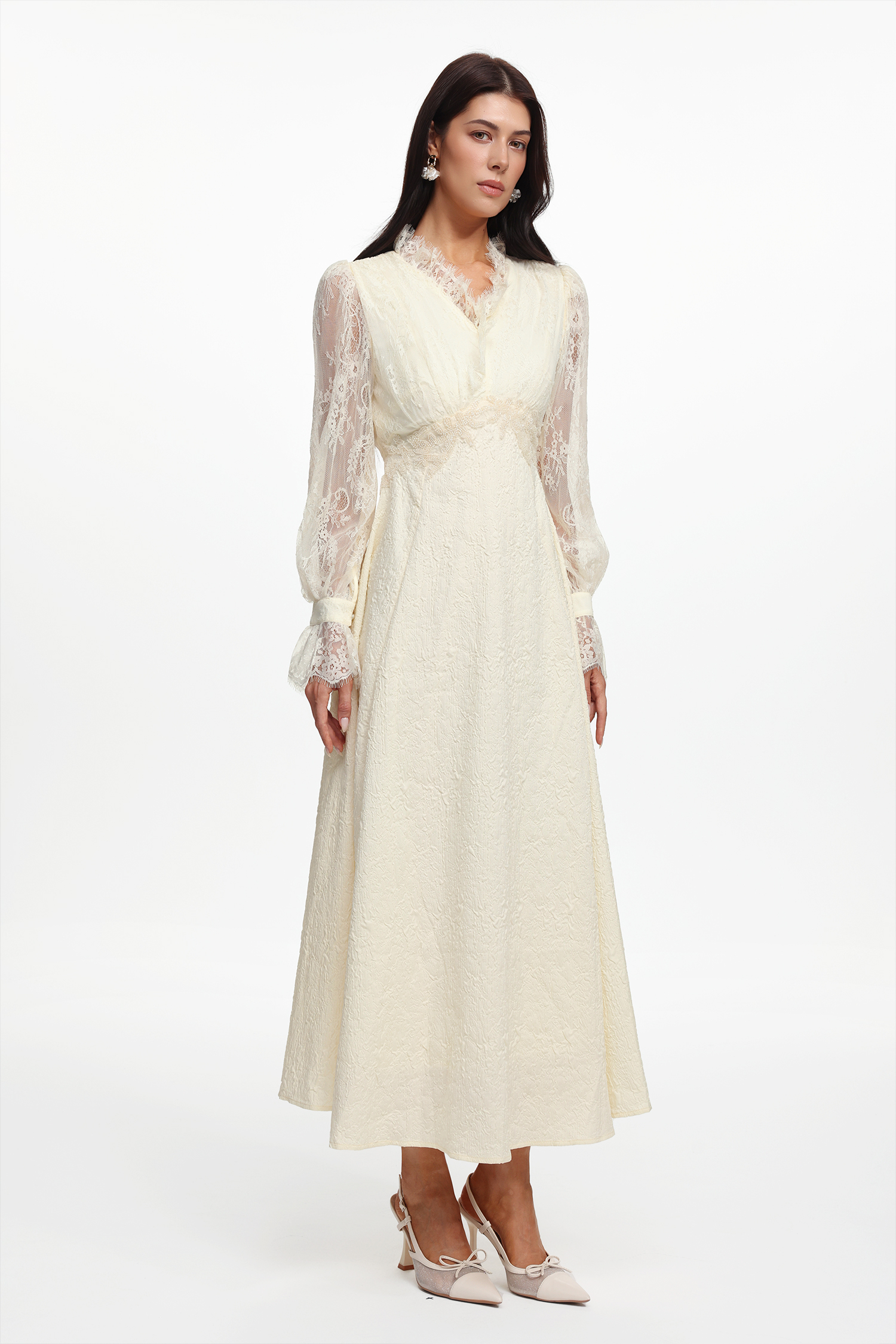 Verna Resort Flowy Long Sleeve Lace Woven Maxi Dress