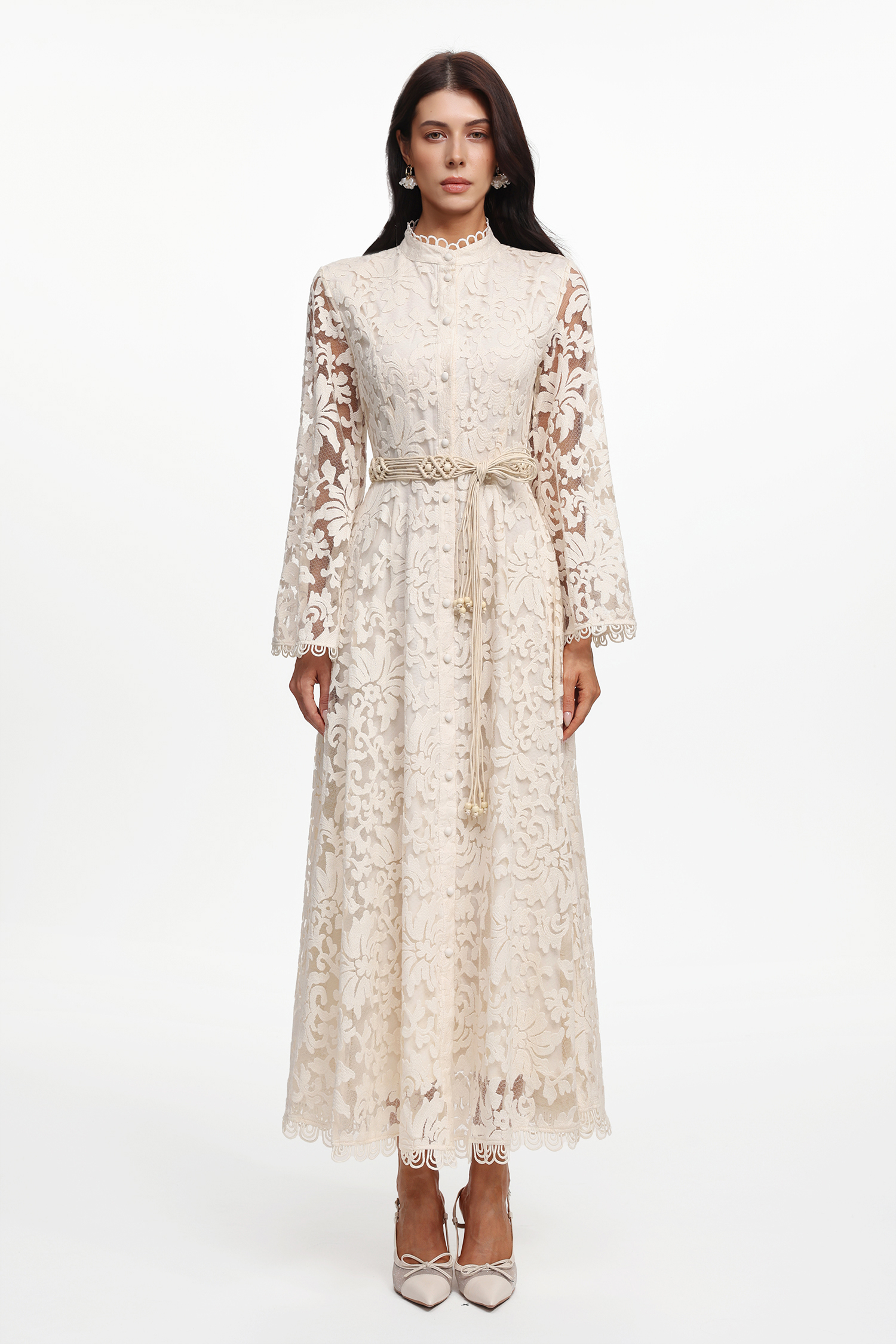Jodinin Resort Flowy Long Sleeve Lace Woven Maxi Dress