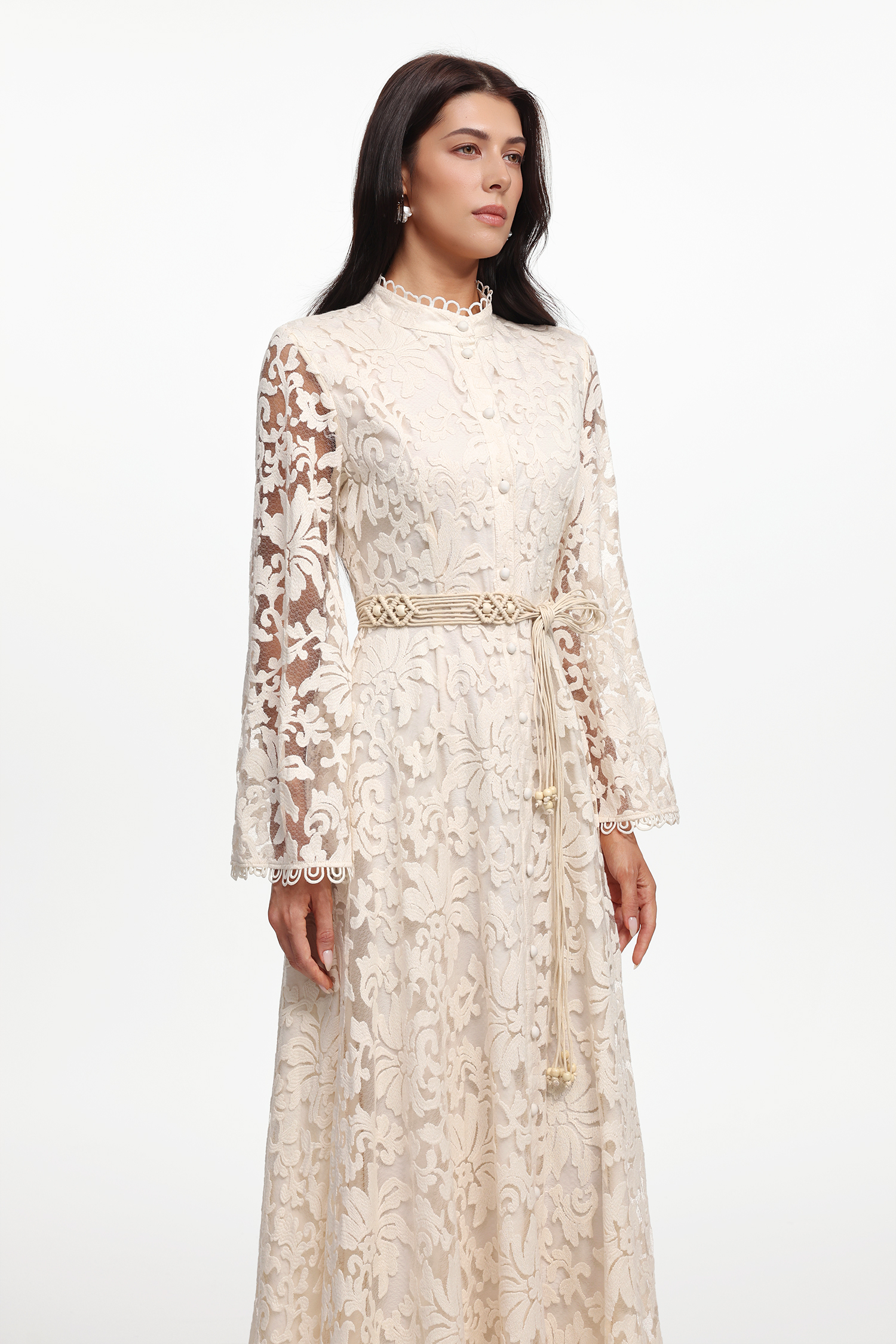 Jodinin Resort Flowy Long Sleeve Lace Woven Maxi Dress