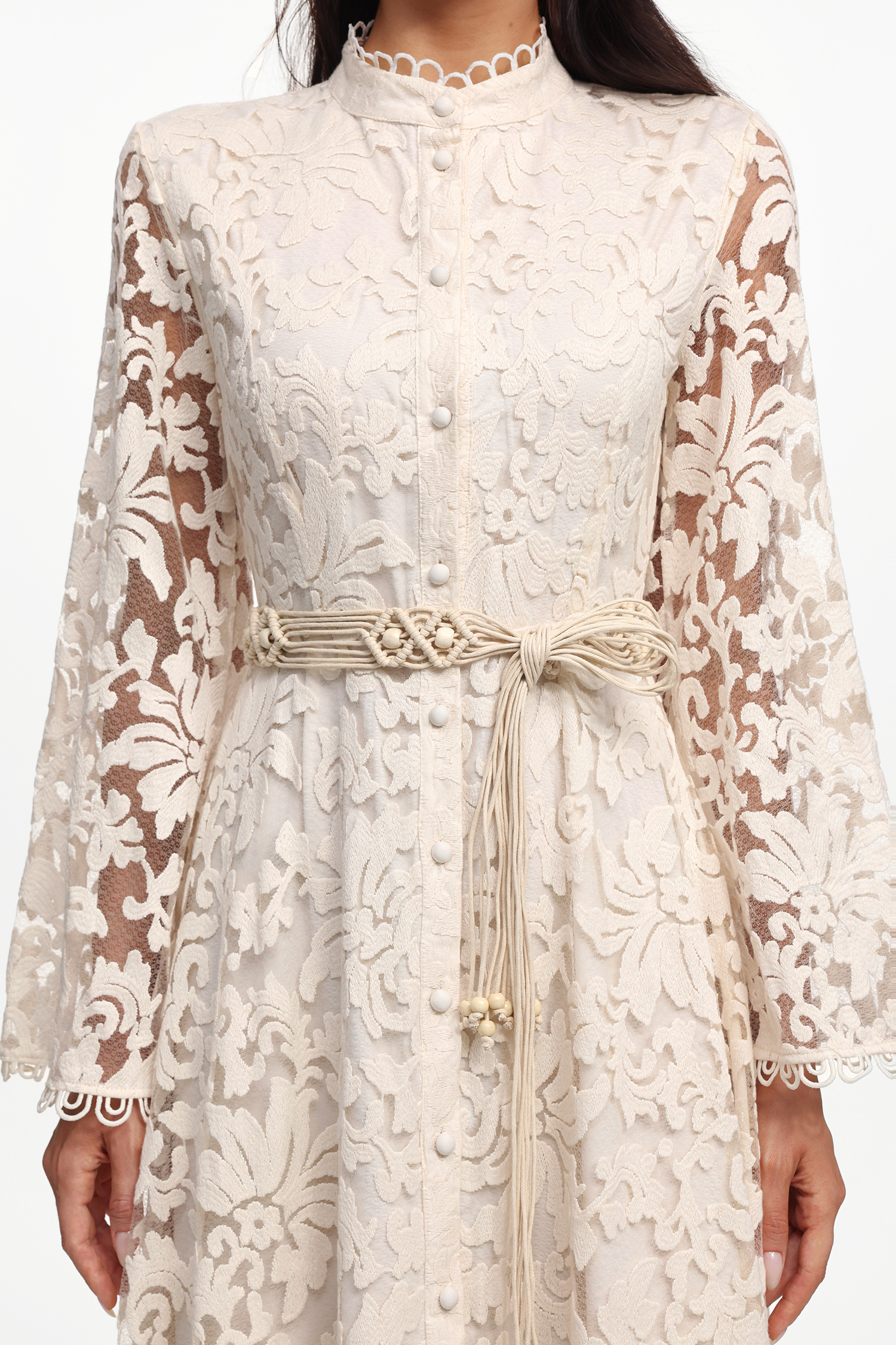 Jodinin Resort Flowy Long Sleeve Lace Woven Maxi Dress