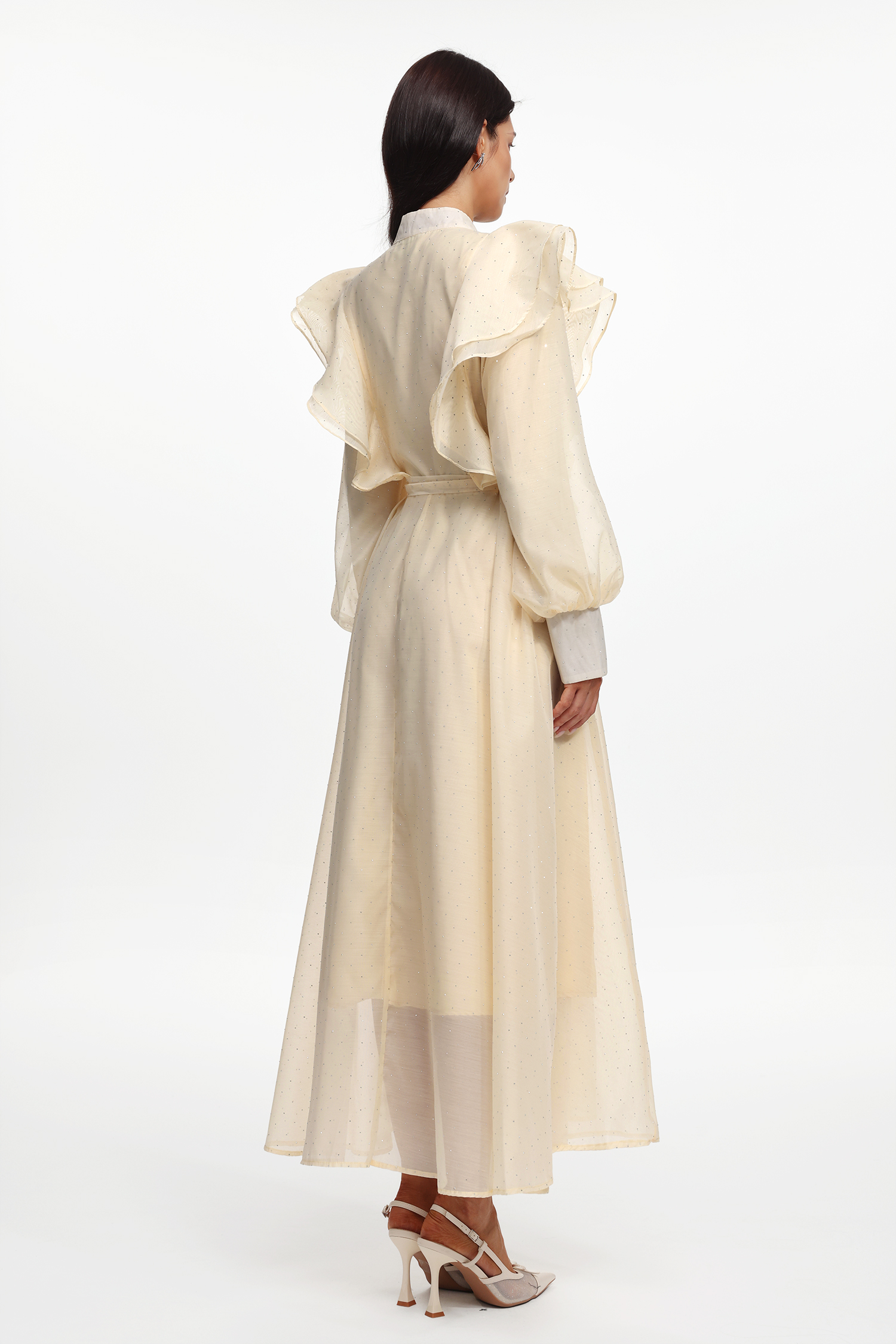 Nomi Resort Flowy Long Sleeve Ruffle Rhinestone Woven Maxi Dress