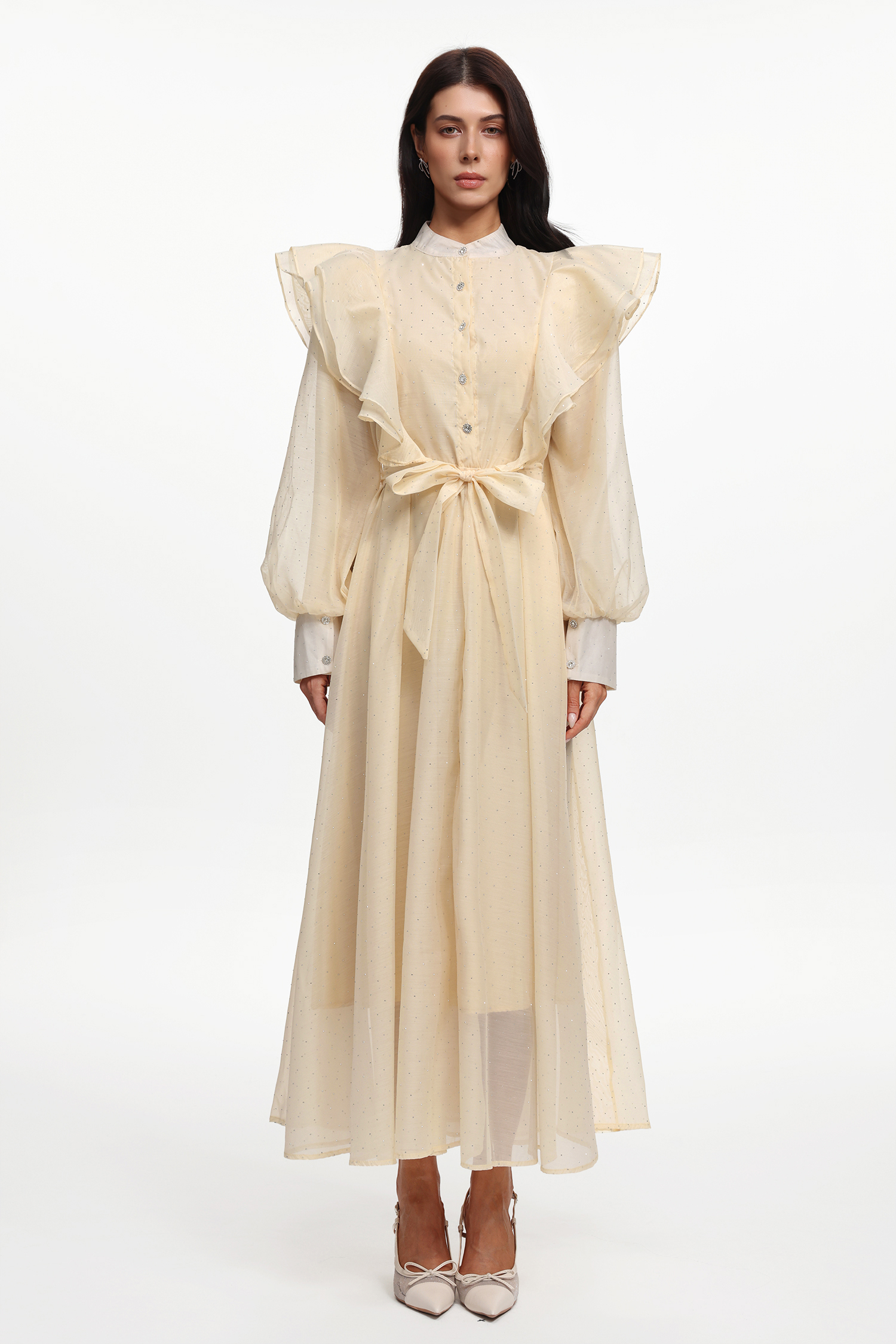 Nomi Resort Flowy Long Sleeve Ruffle Rhinestone Woven Maxi Dress