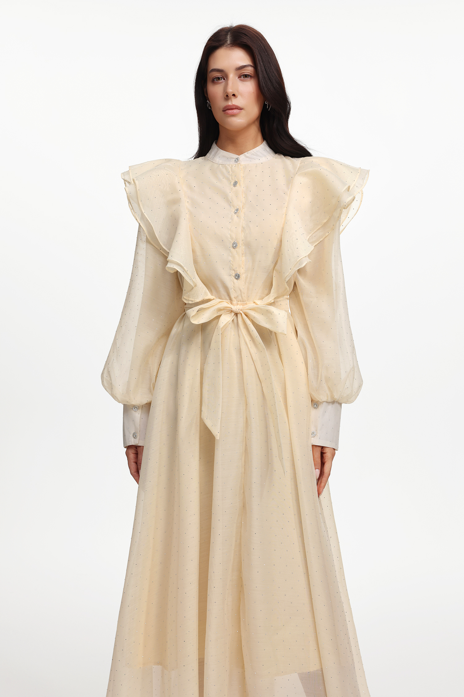 Nomi Resort Flowy Long Sleeve Ruffle Rhinestone Woven Maxi Dress