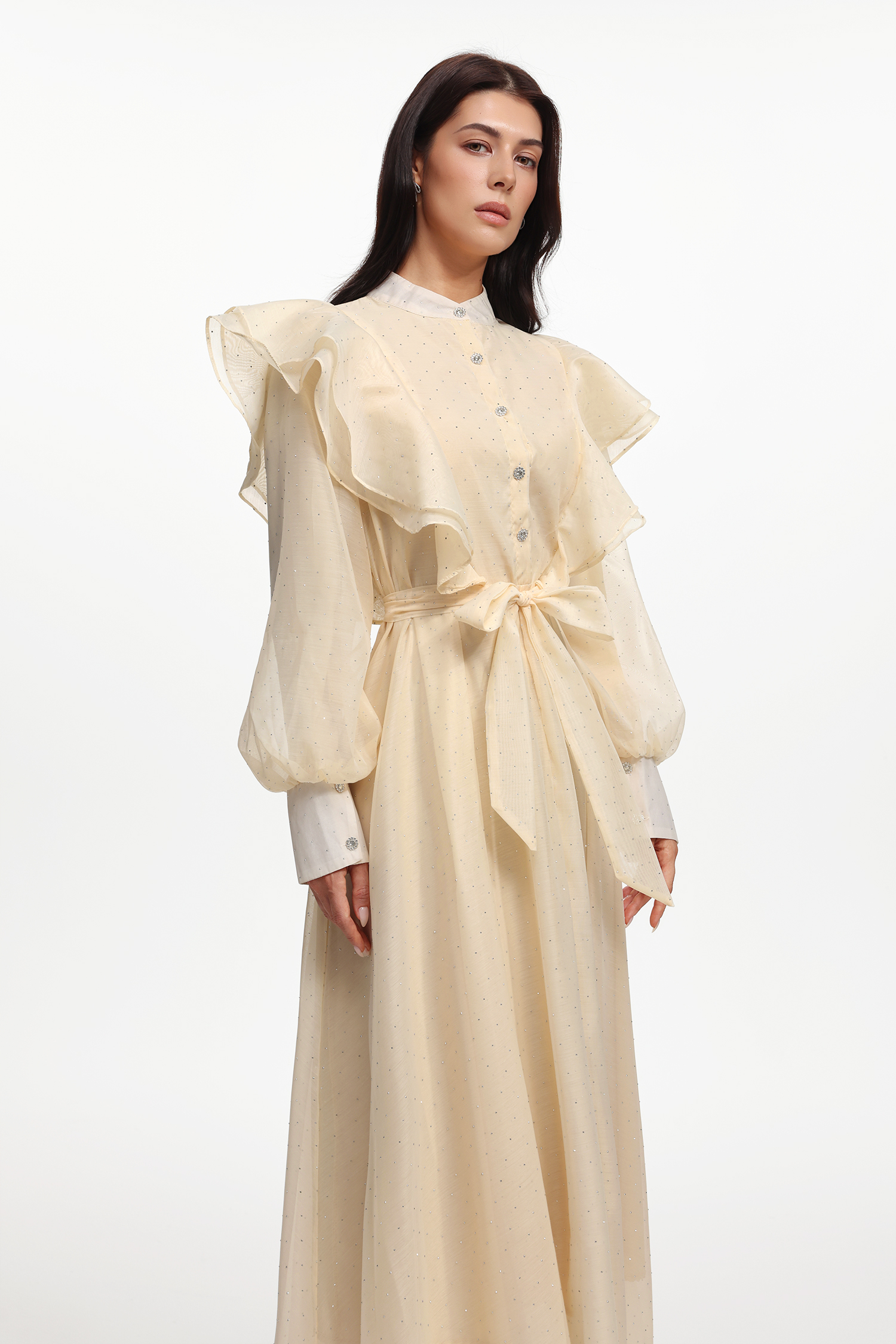 Nomi Resort Flowy Long Sleeve Ruffle Rhinestone Woven Maxi Dress