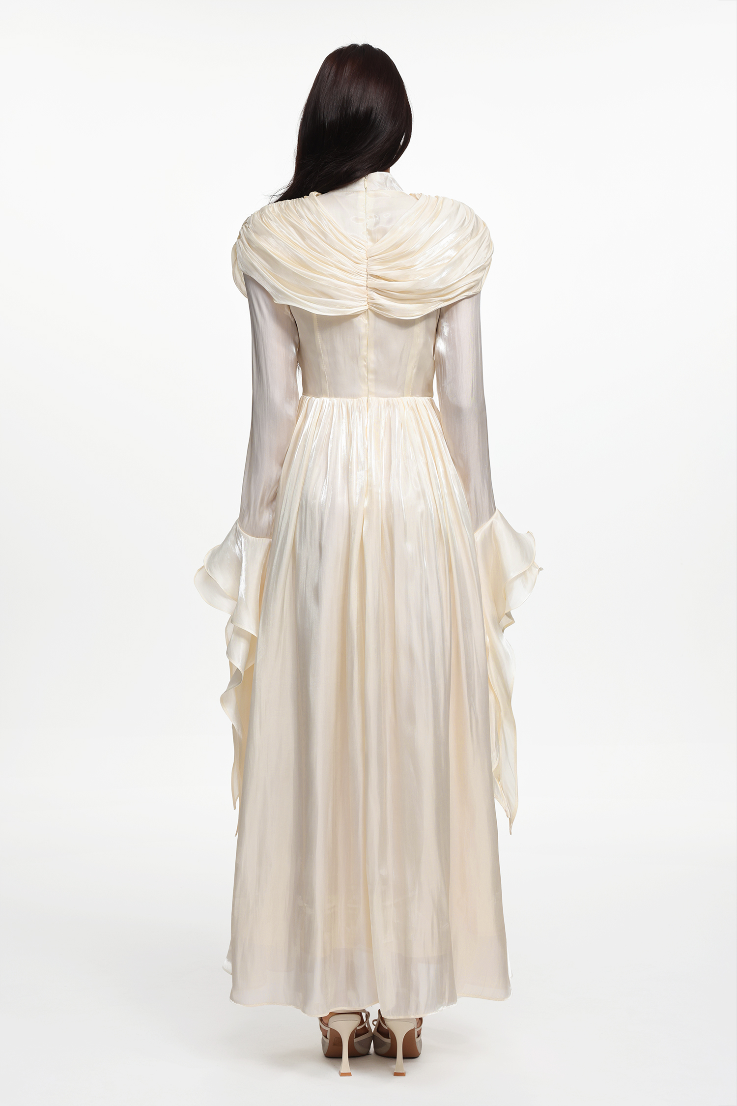 Ilsa Resort Flowy Long Sleeve Ruffle Ruched Satin Beige Maxi Dress