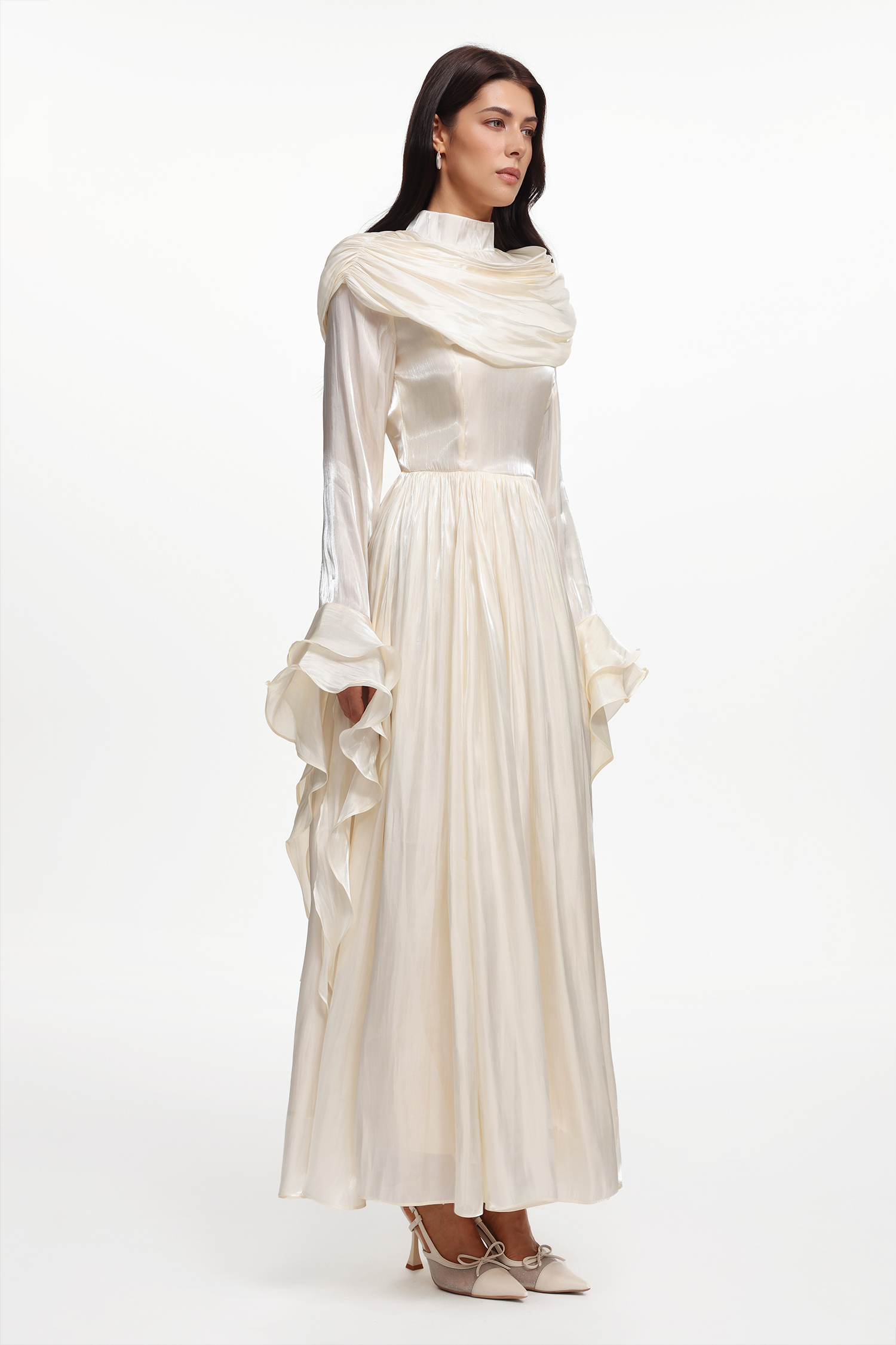 Ilsa Resort Flowy Long Sleeve Ruffle Ruched Satin Beige Maxi Dress