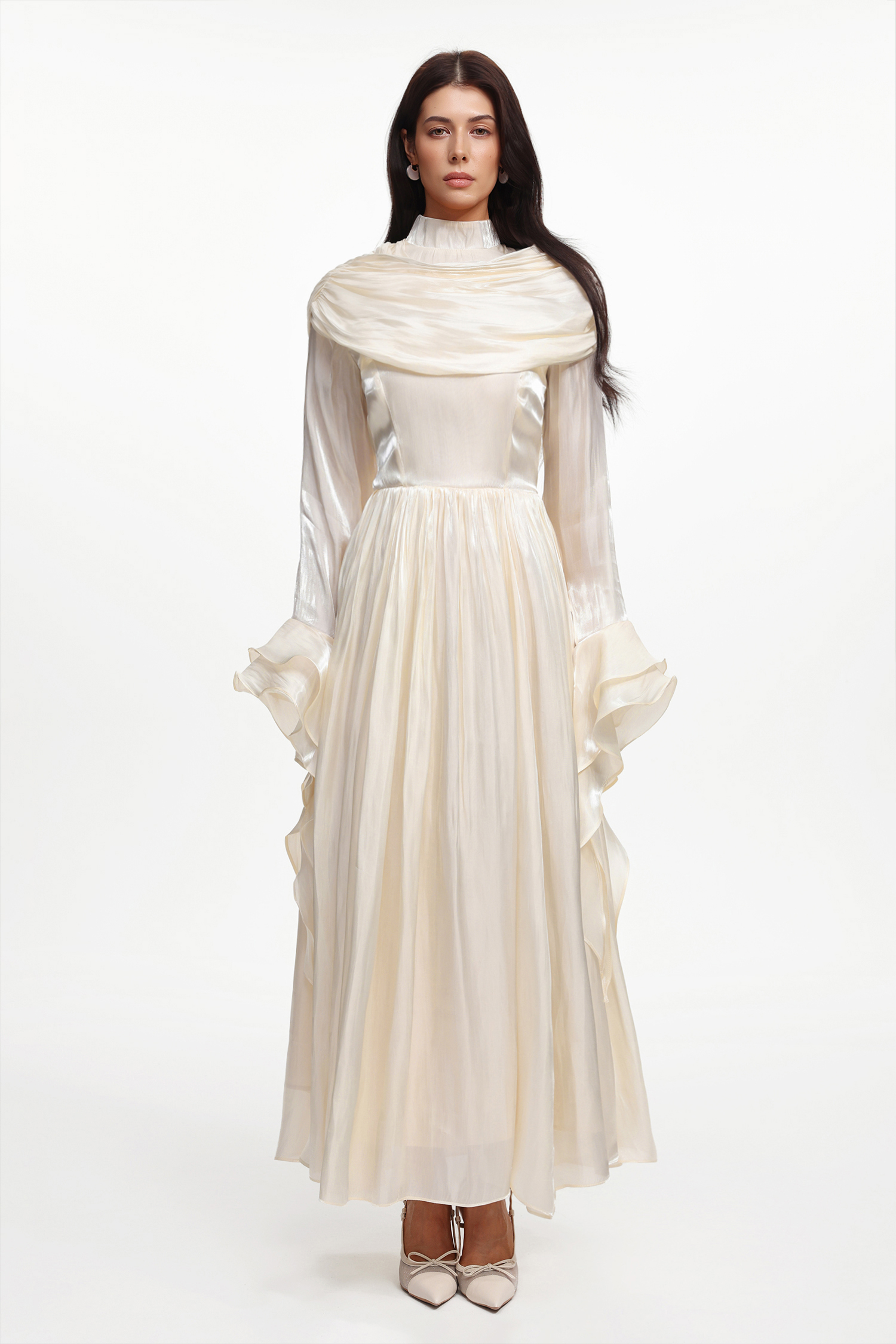 Ilsa Resort Flowy Long Sleeve Ruffle Ruched Satin Beige Maxi Dress