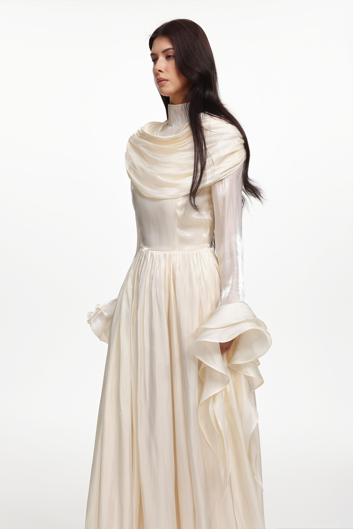 Ilsa Resort Flowy Long Sleeve Ruffle Ruched Satin Beige Maxi Dress