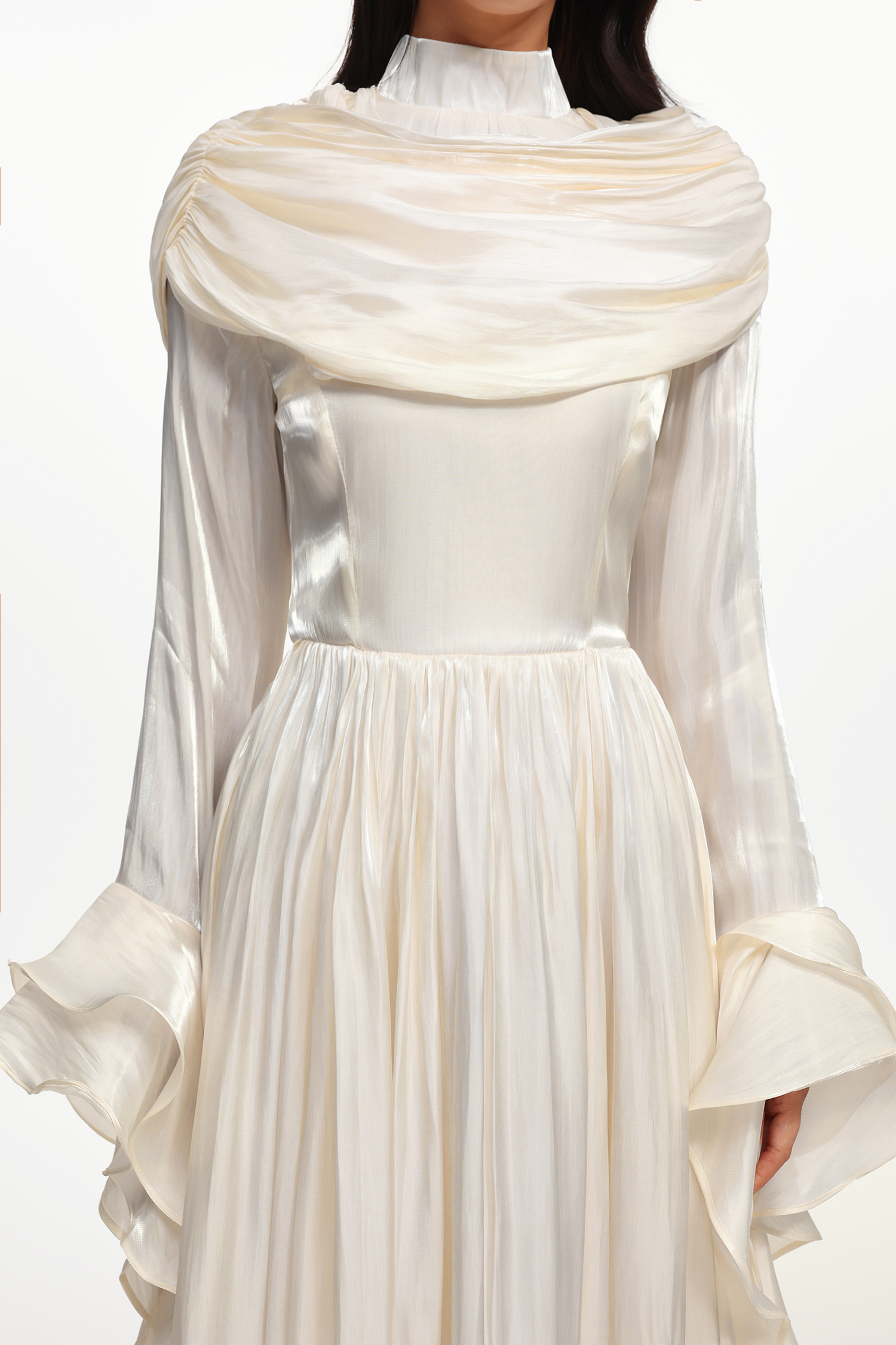 Ilsa Resort Flowy Long Sleeve Ruffle Ruched Satin Beige Maxi Dress