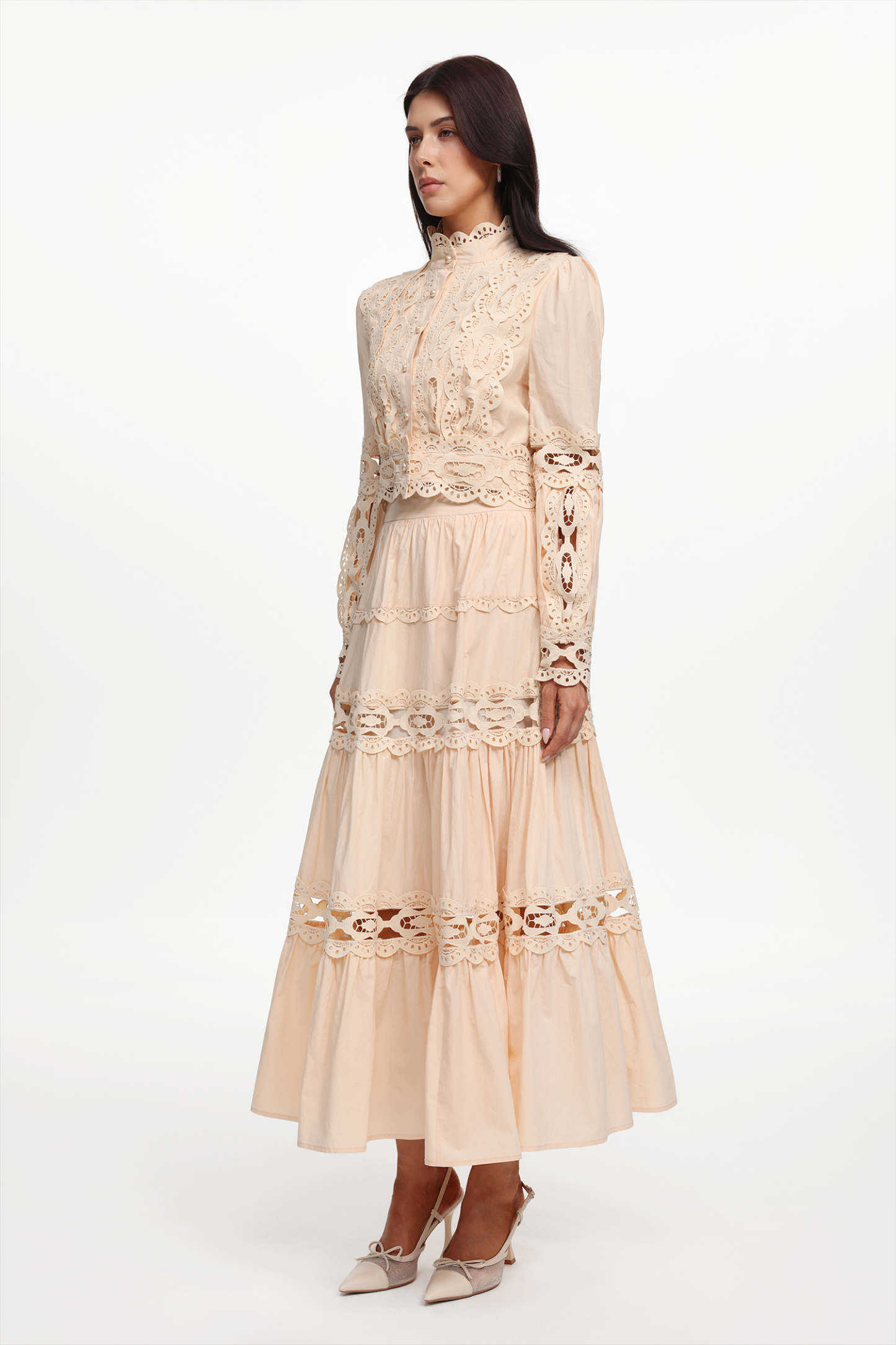 Monica Resort Flowy Long Sleeve Cut Out Woven Top And Skirt Two-Piece Set