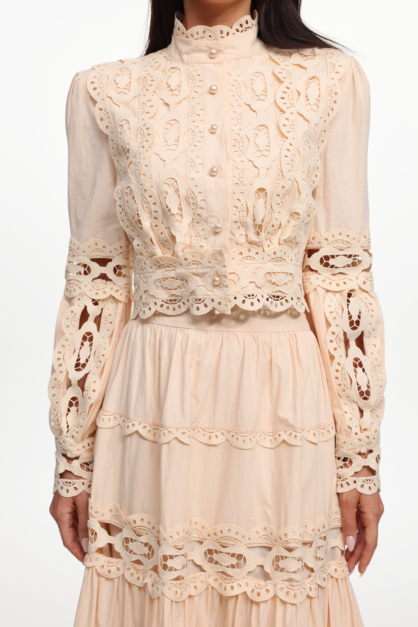 Monica Resort Flowy Long Sleeve Cut Out Woven Top And Skirt Two-Piece Set