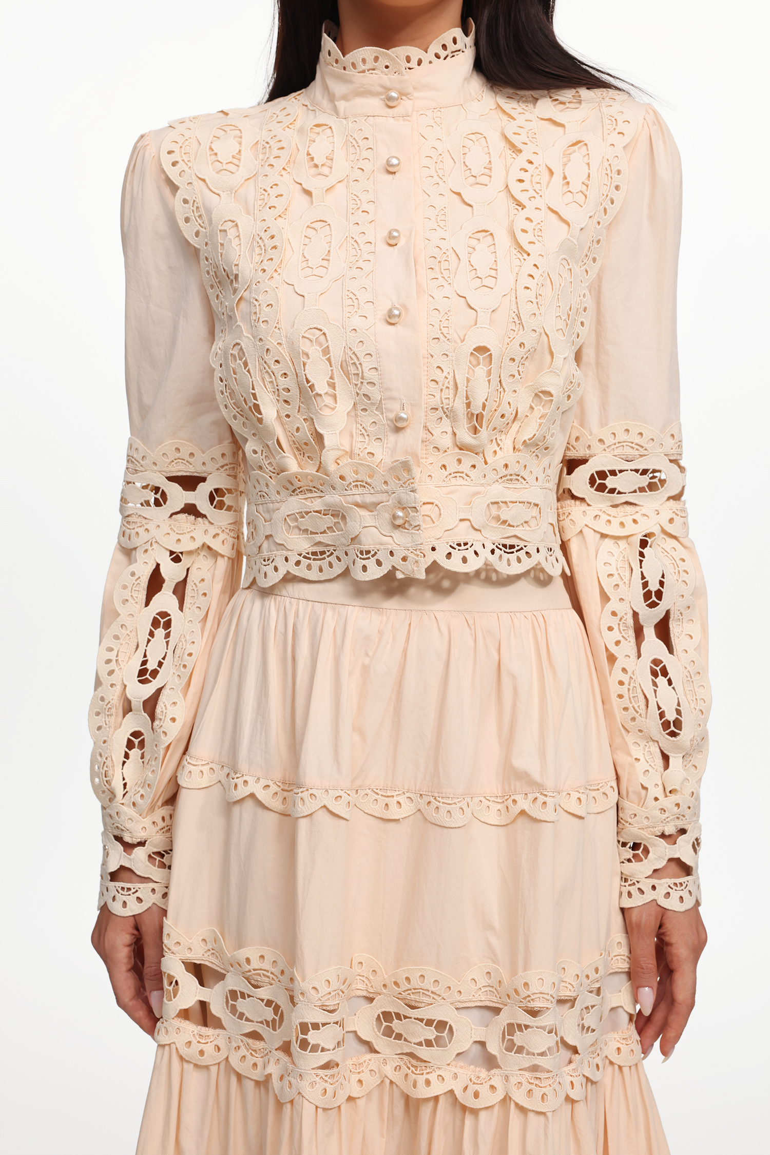 Monica Resort Flowy Long Sleeve Cut Out Woven Top And Skirt Two-Piece Set