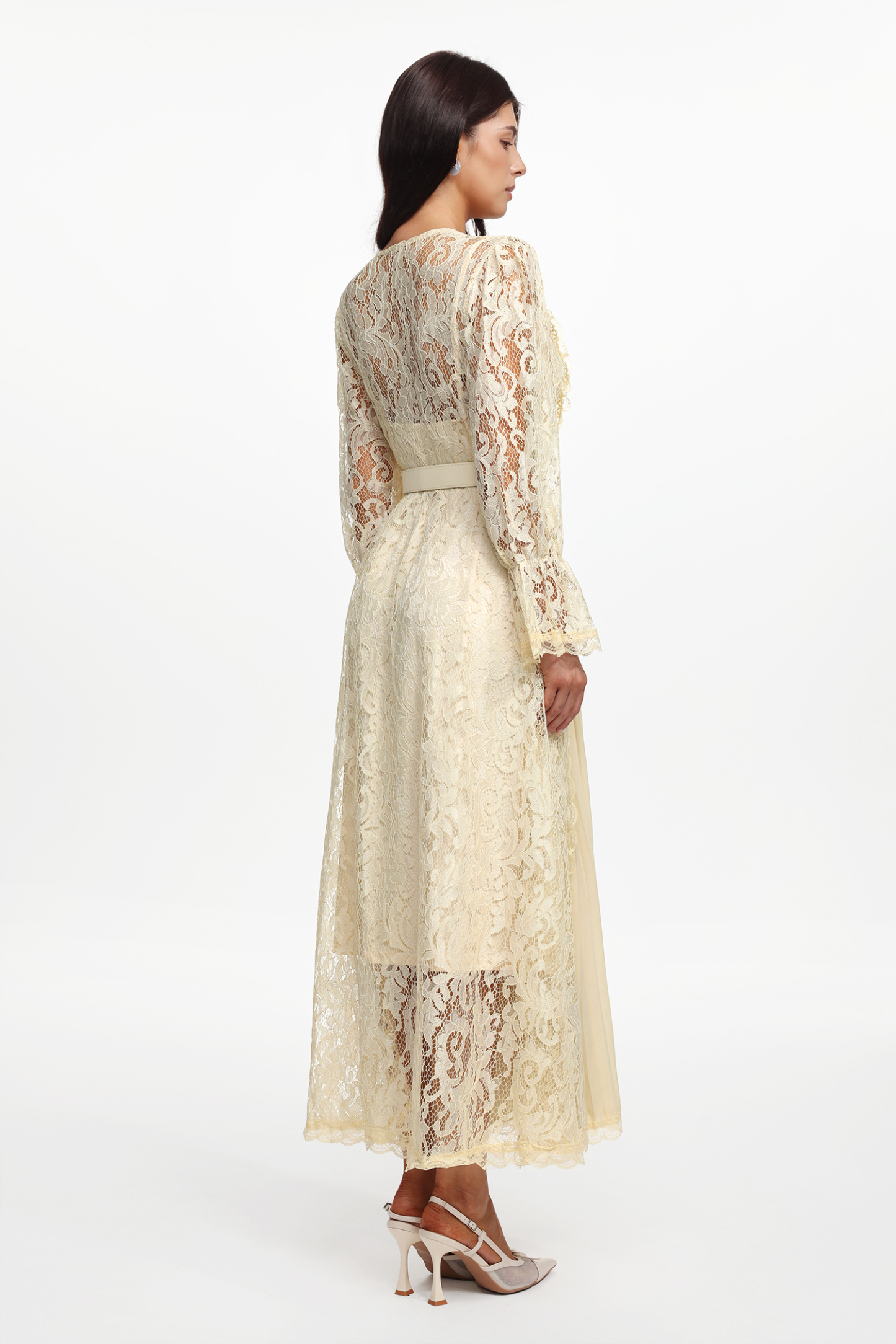 Lola Resort Flowy Long Sleeve Cut Out Lace Pleated Woven Maxi Dress