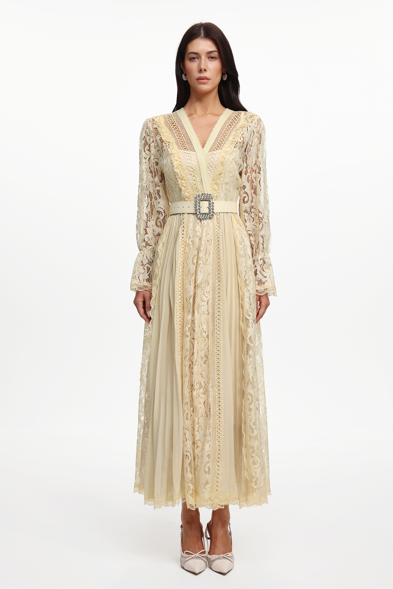 Lola Resort Flowy Long Sleeve Cut Out Lace Pleated Woven Maxi Dress