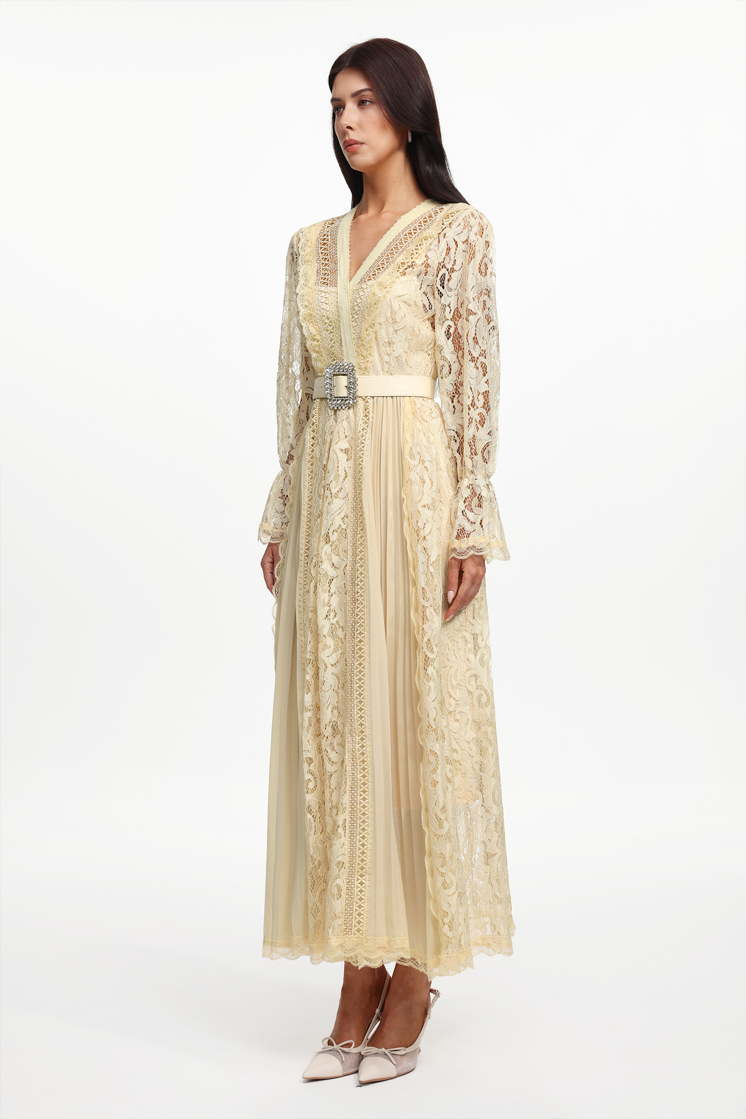 Lola Resort Flowy Long Sleeve Cut Out Lace Pleated Woven Maxi Dress